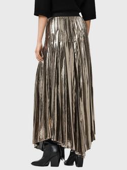 AllSaints Jax Metallic Pleated Skirt, Gold/Multi - view 2, Gold/Multi