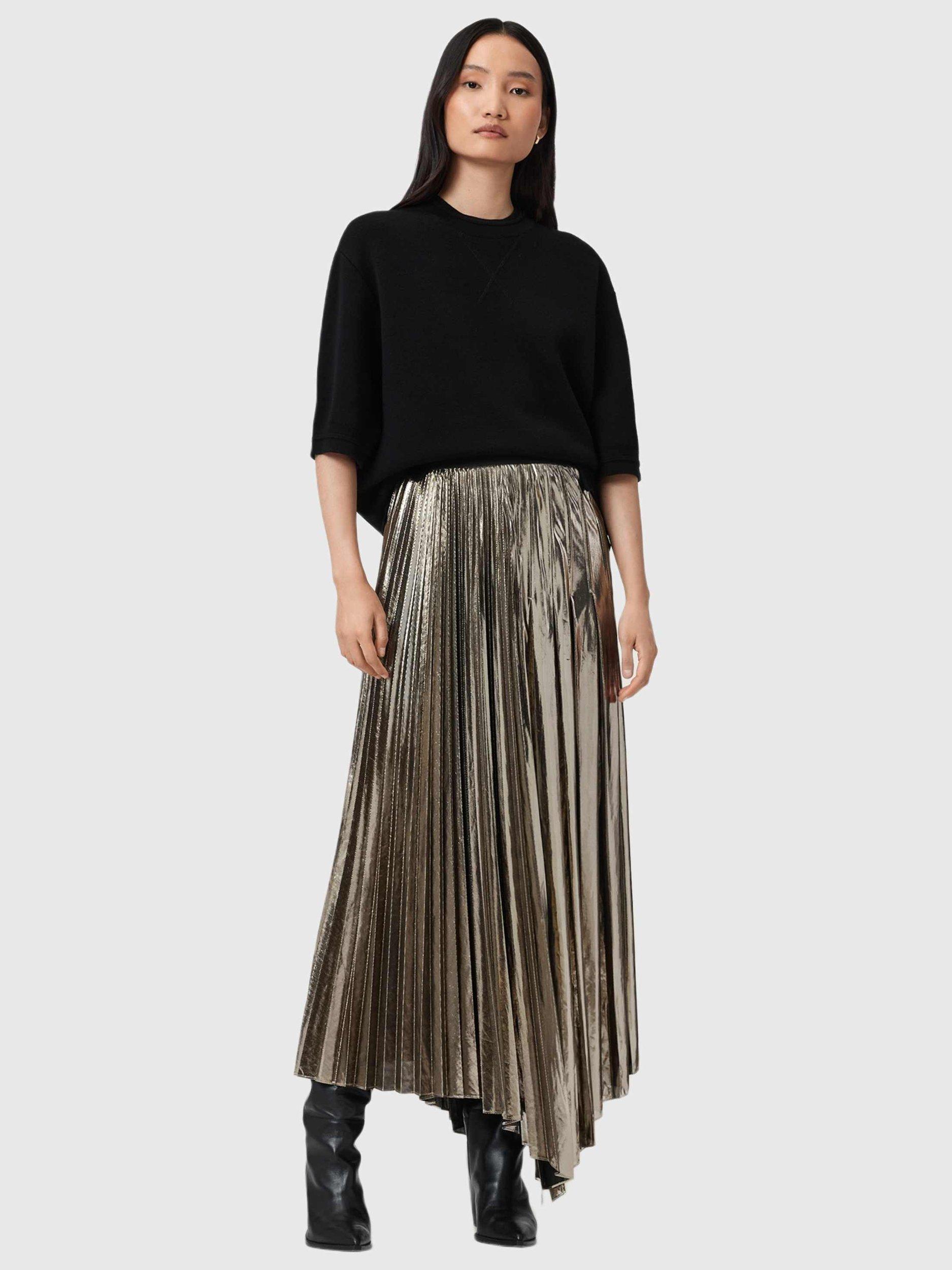 Product image 3 of 8, which shows AllSaints Jax Metallic Pleated Skirt, Gold/Multi, 10