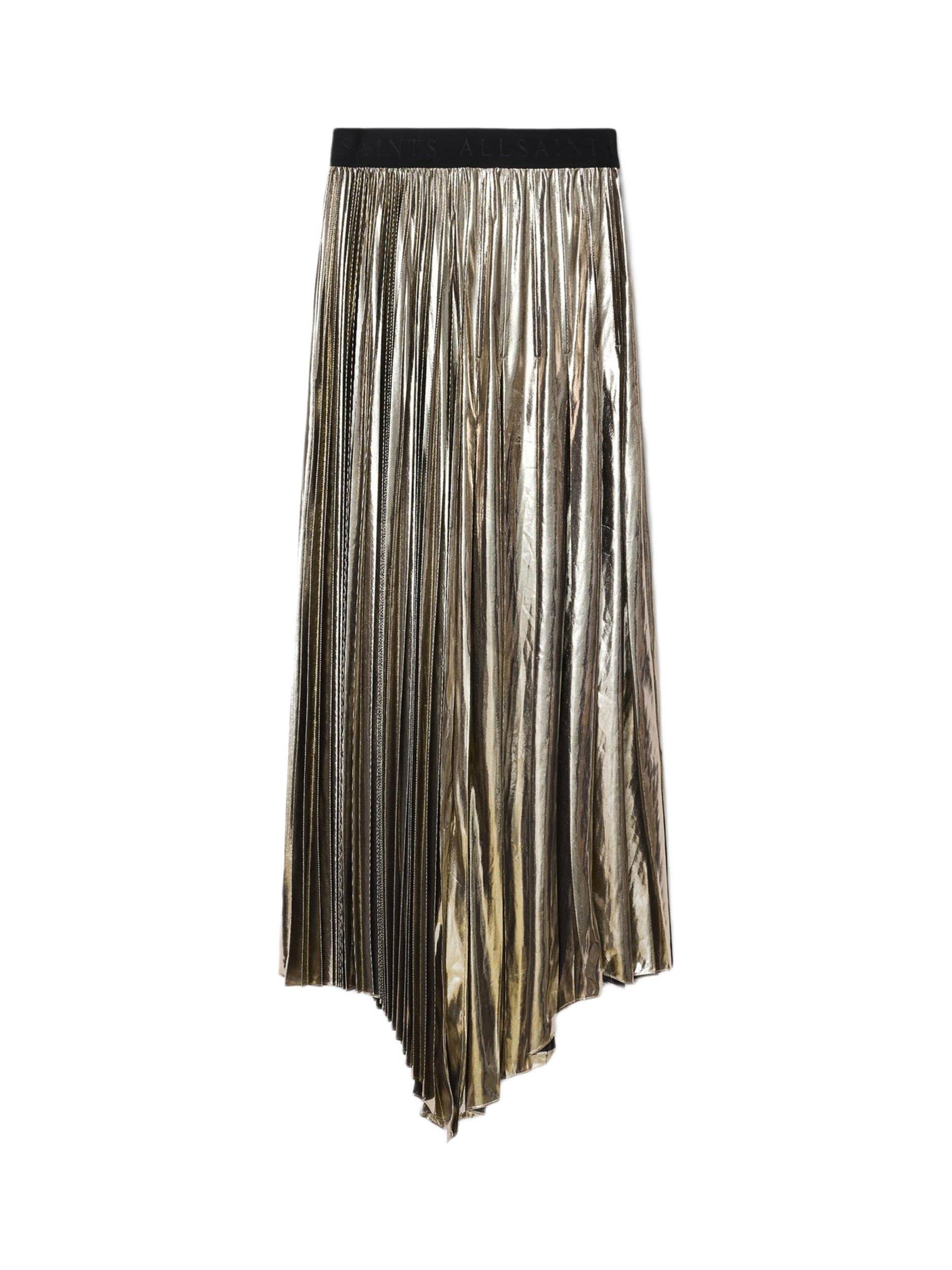 Product image 4 of 8, which shows AllSaints Jax Metallic Pleated Skirt, Gold/Multi, 10