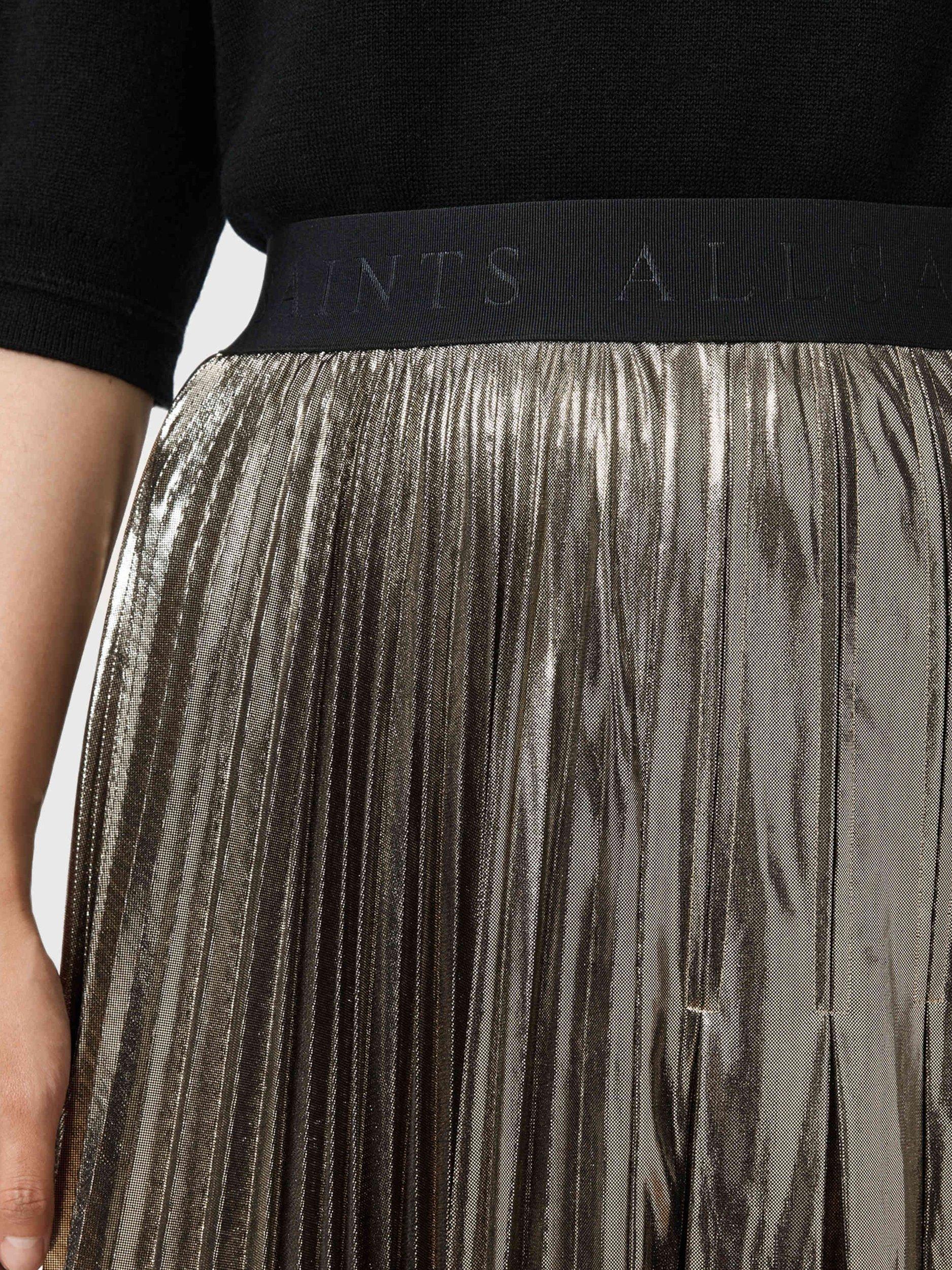 Product image 5 of 8, which shows AllSaints Jax Metallic Pleated Skirt, Gold/Multi, 10