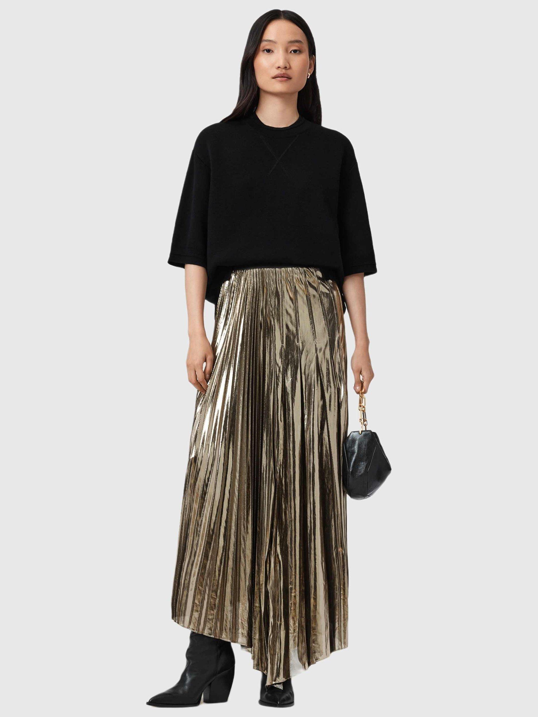 Product image 6 of 8, which shows AllSaints Jax Metallic Pleated Skirt, Gold/Multi, 10
