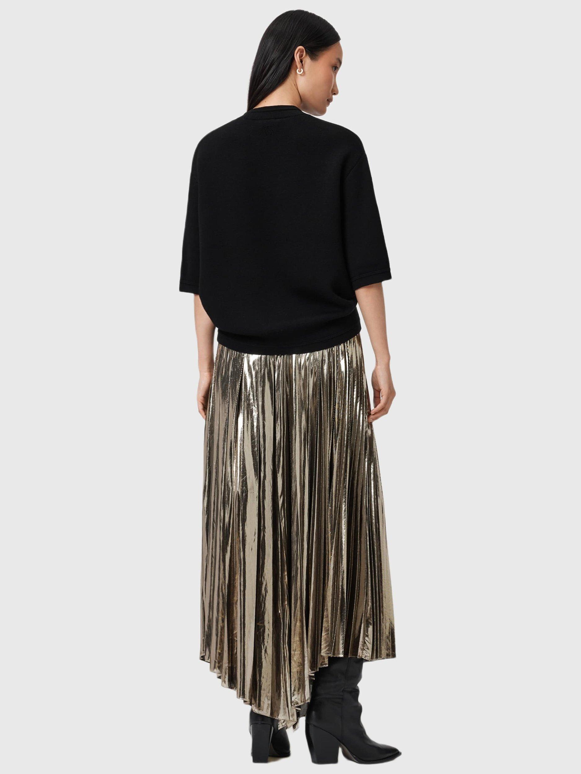Product image 7 of 8, which shows AllSaints Jax Metallic Pleated Skirt, Gold/Multi, 10