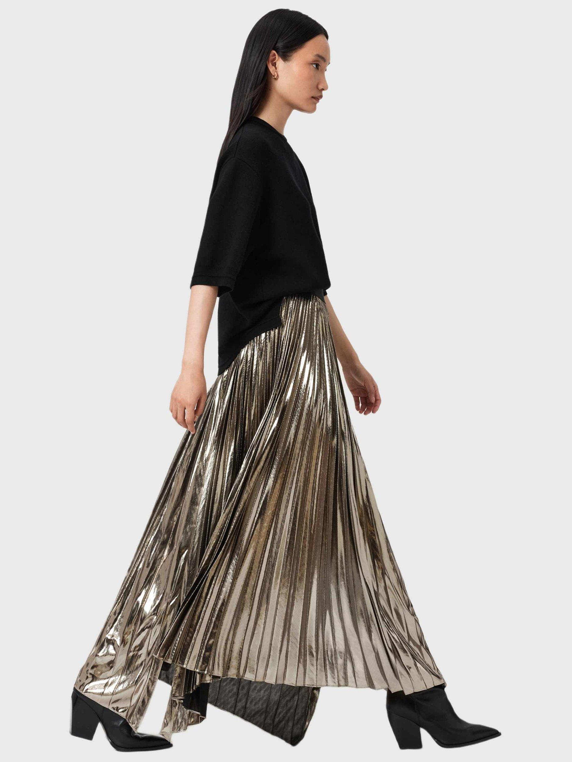 Product image 8 of 8, which shows AllSaints Jax Metallic Pleated Skirt, Gold/Multi, 10