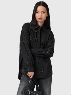 AllSaints Gemi Organic Cotton Embellished Long Sleeve Collar Shirt, Black