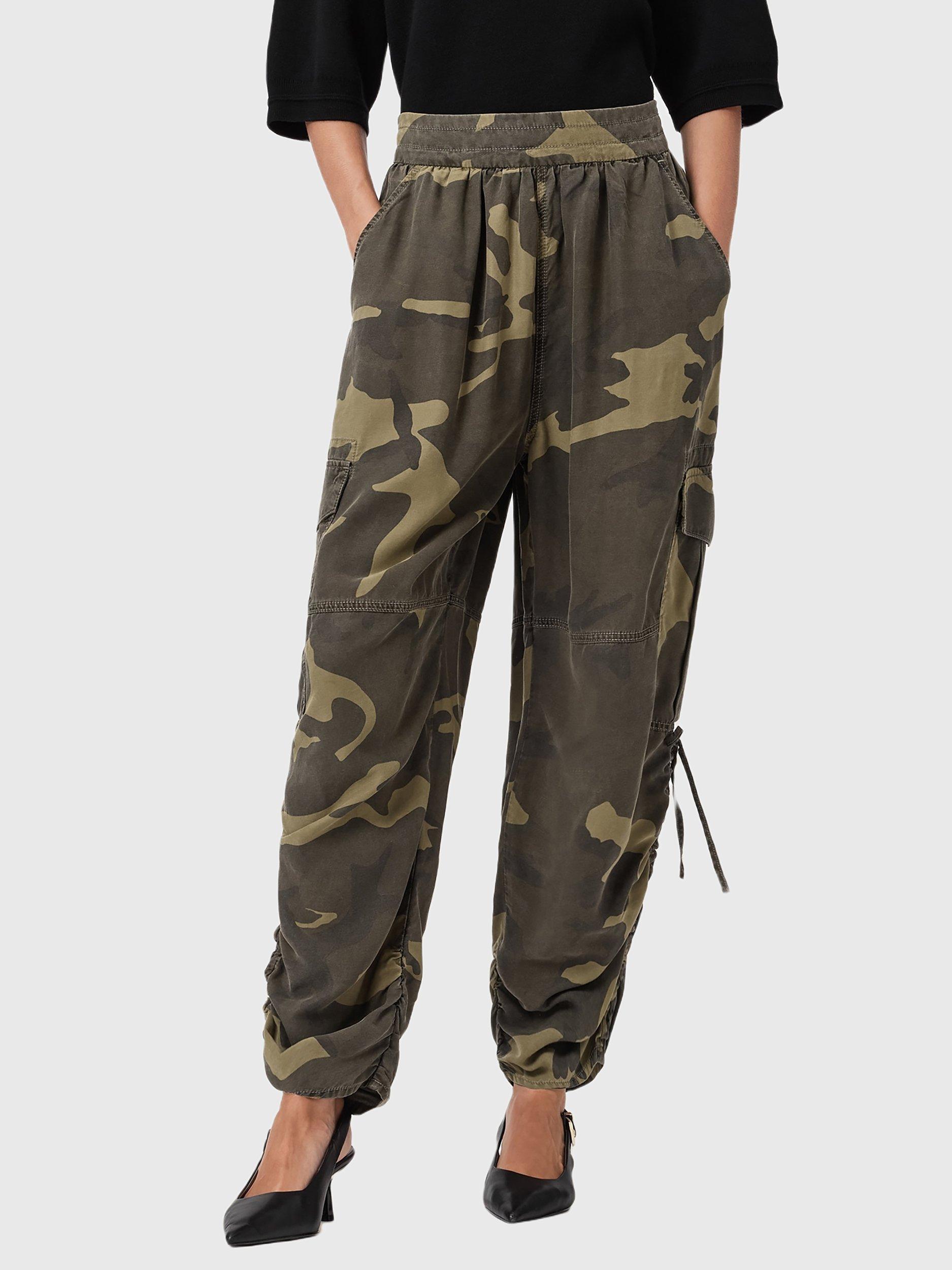 Product image 1 of 7, which shows AllSaints Kaye Mid Rise Cargo Trousers, Camo Green, XS