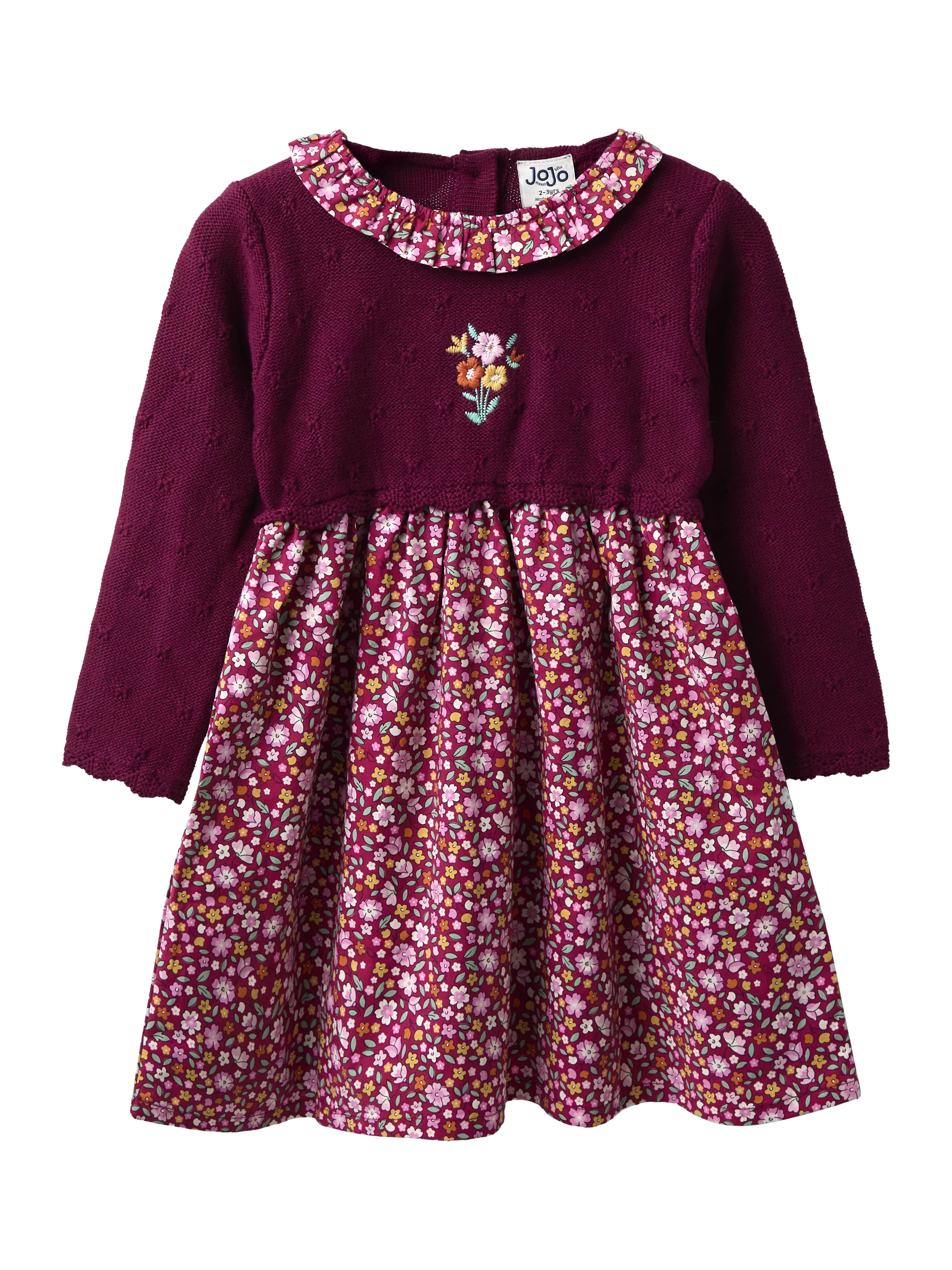 JoJo Maman Bébé Kids' Knitted Floral Collar Combo Dress, Berry
