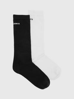AllSaints London Logo Socks, Pack of 2, Black/White, Black/White