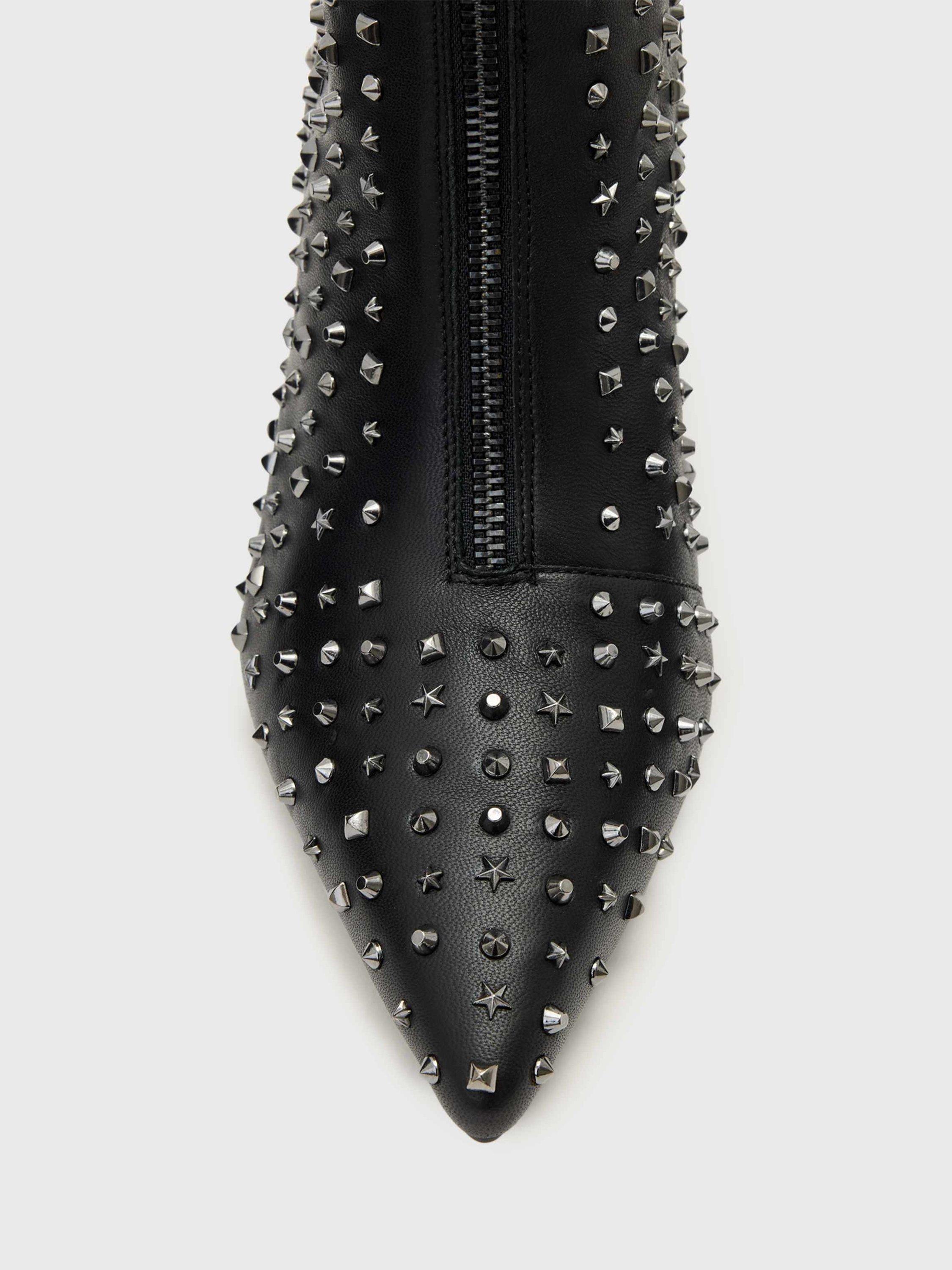 Product image 2 of 5, which shows AllSaints Natasha Stud Heeled Boots, Black, EU37