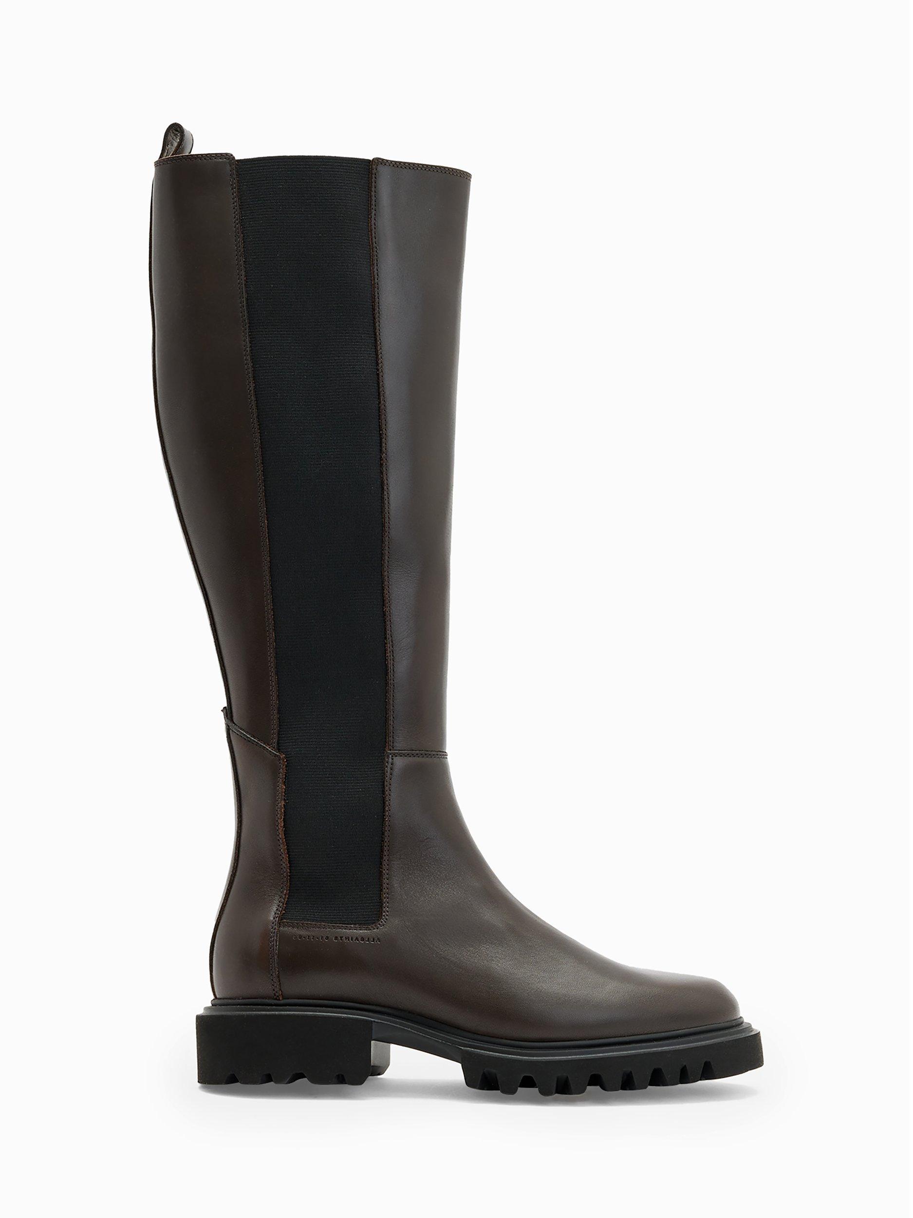Product image 1 of 6, which shows AllSaints Maeve Knee Length Leather Boots, Brown Mid, EU36