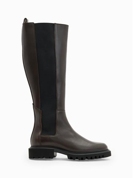 AllSaints Maeve Knee Length Leather Boots, Brown, Brown Mid