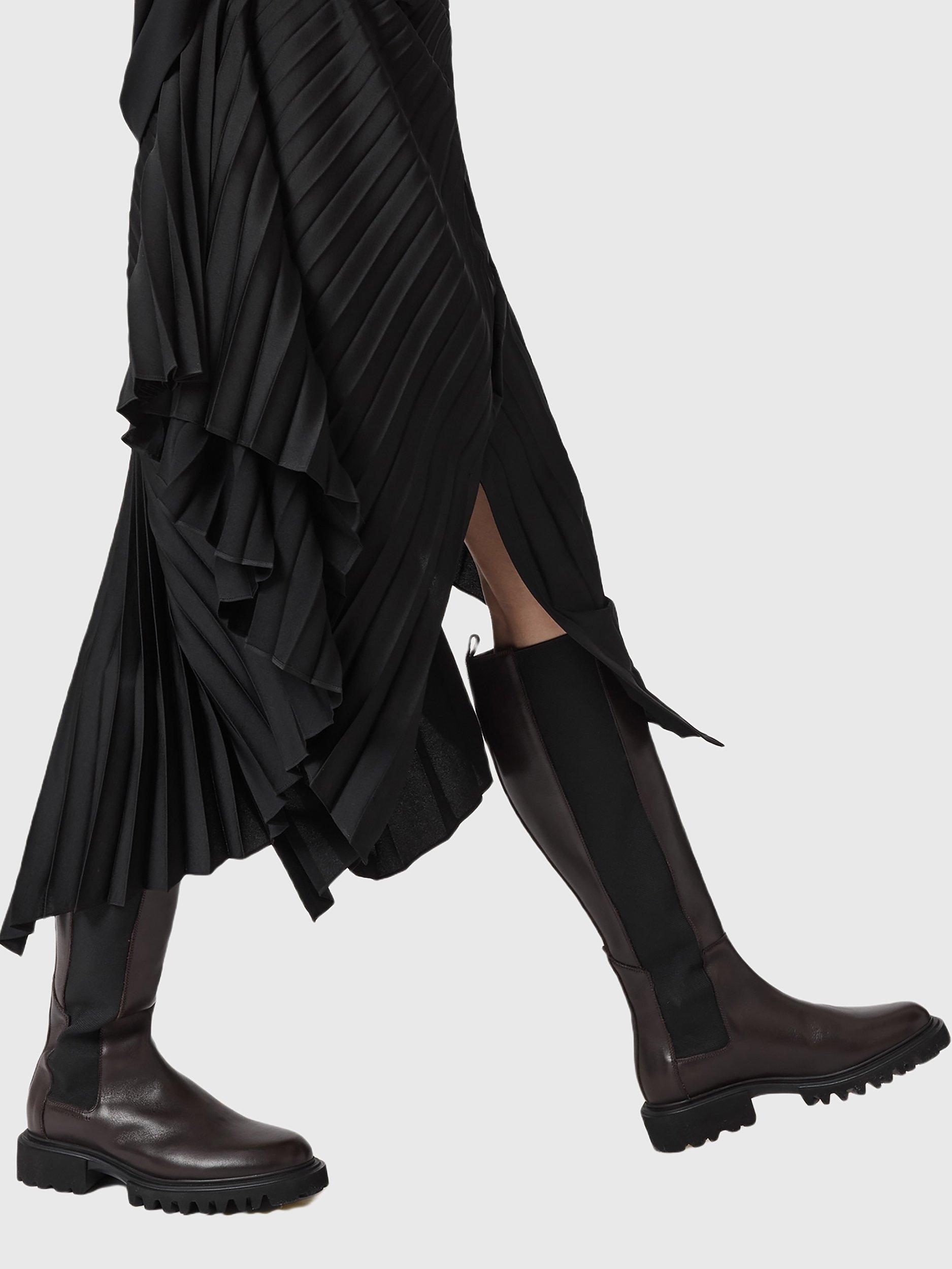 Product image 2 of 6, which shows AllSaints Maeve Knee Length Leather Boots, Brown Mid, EU36