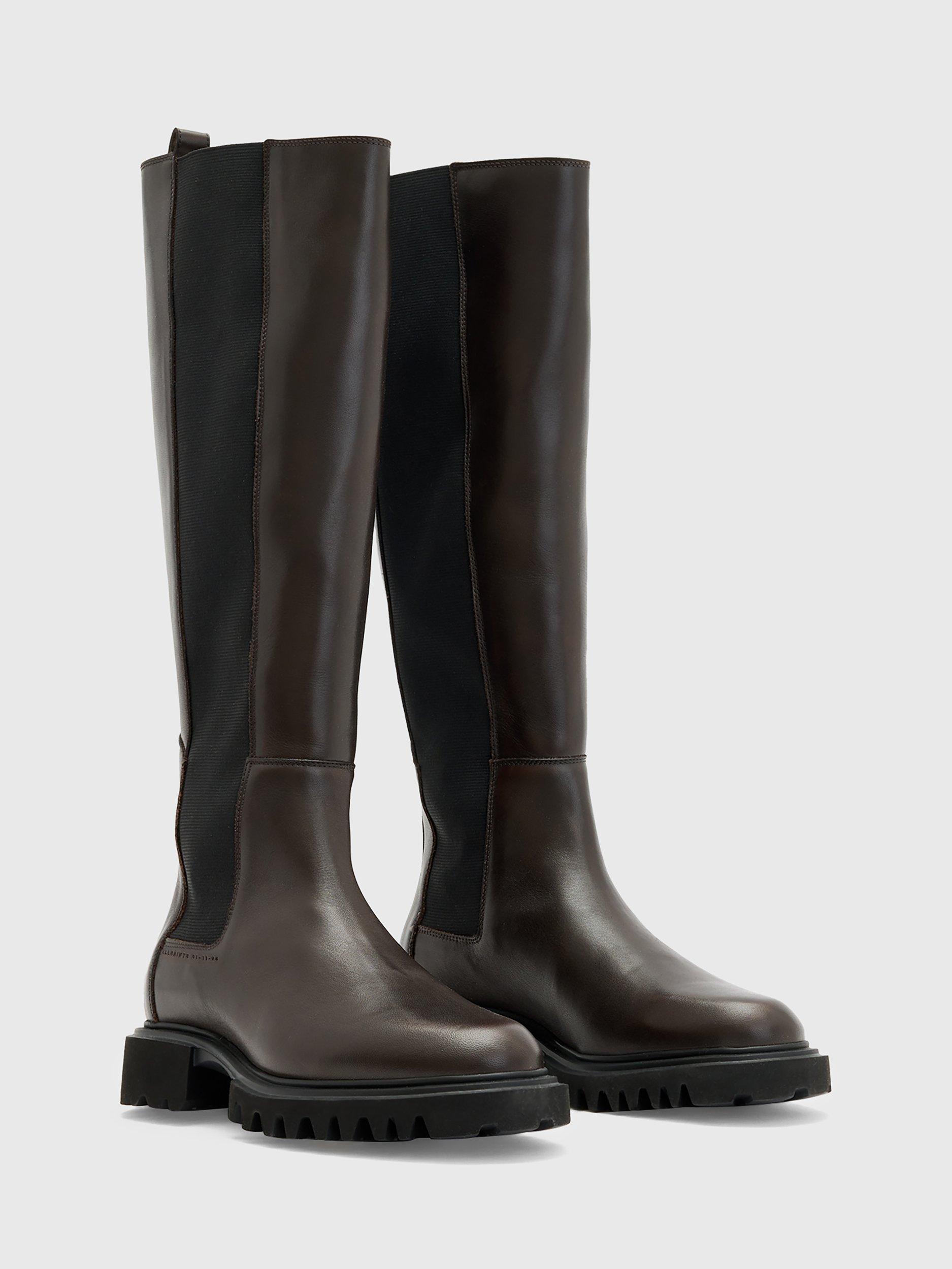 Product image 4 of 6, which shows AllSaints Maeve Knee Length Leather Boots, Brown Mid, EU36