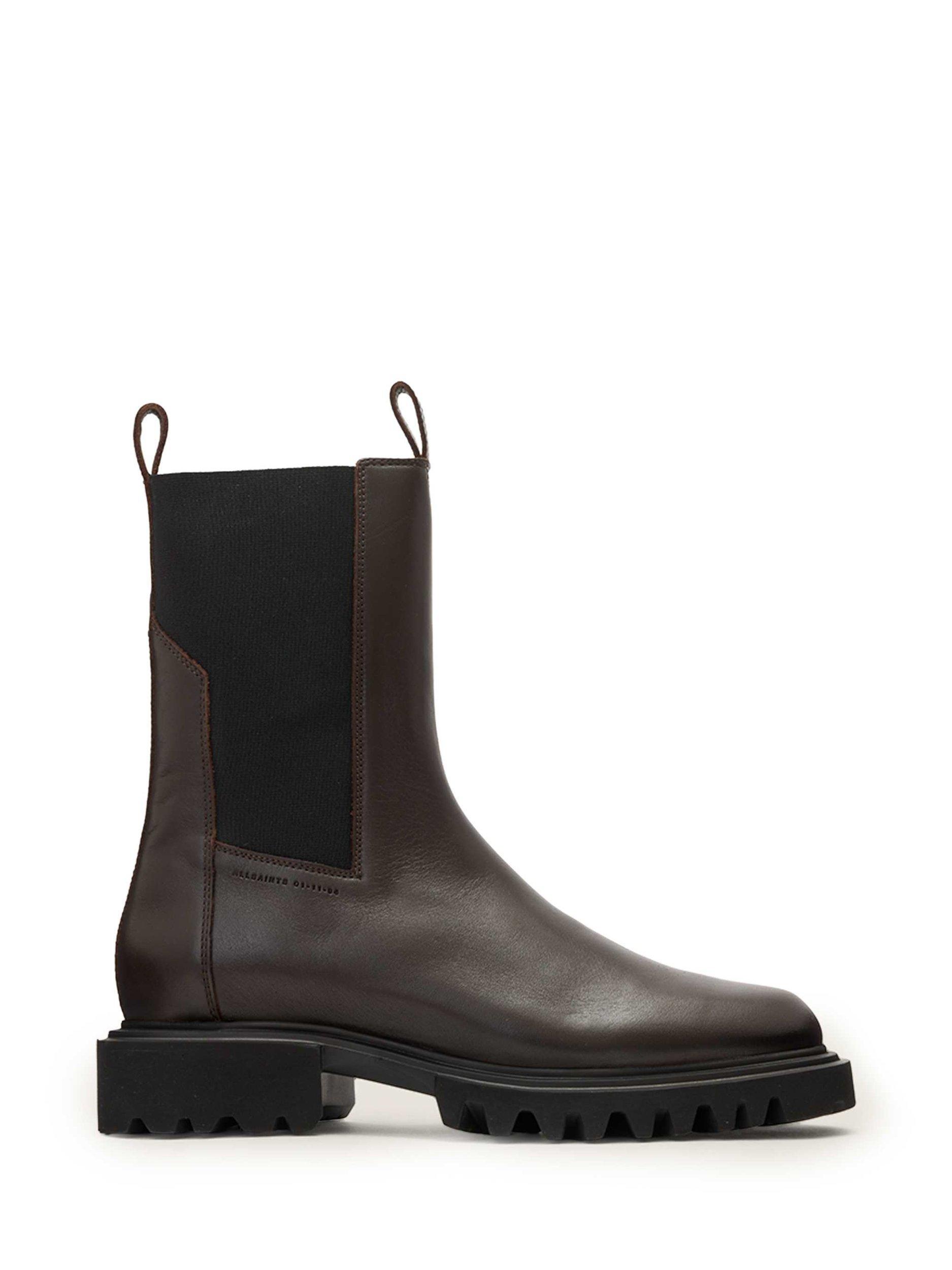 Product image 1 of 5, which shows AllSaints Hallie Leather Calf Boots, Brown Mid EU36