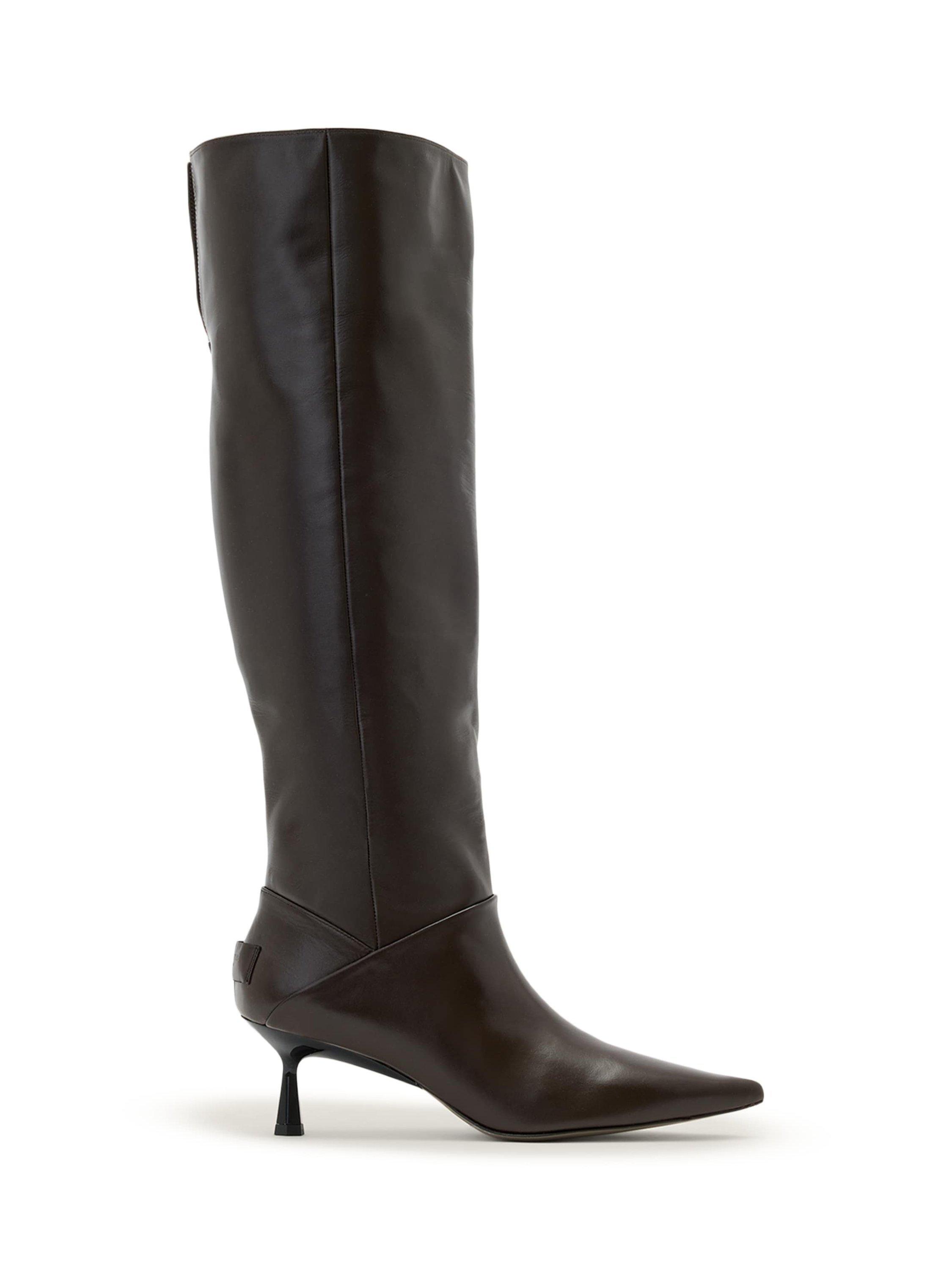Product image 1 of 7, which shows AllSaints Odyssey Leather Knee High Boots, Brown Mid, 7