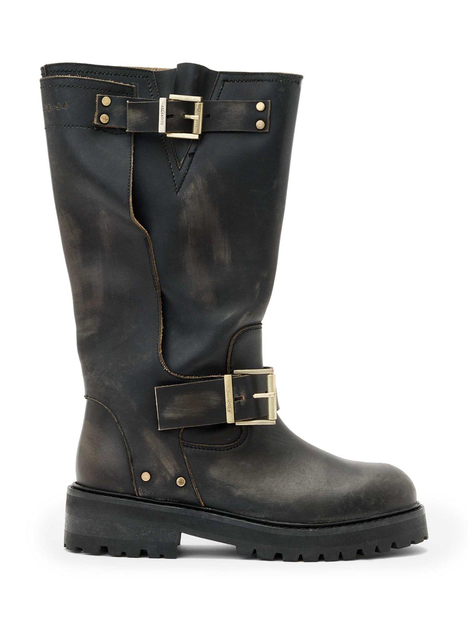 Product image 1 of 8, which shows AllSaints Tay Leather Biker Boots, Dark Brown, EU37