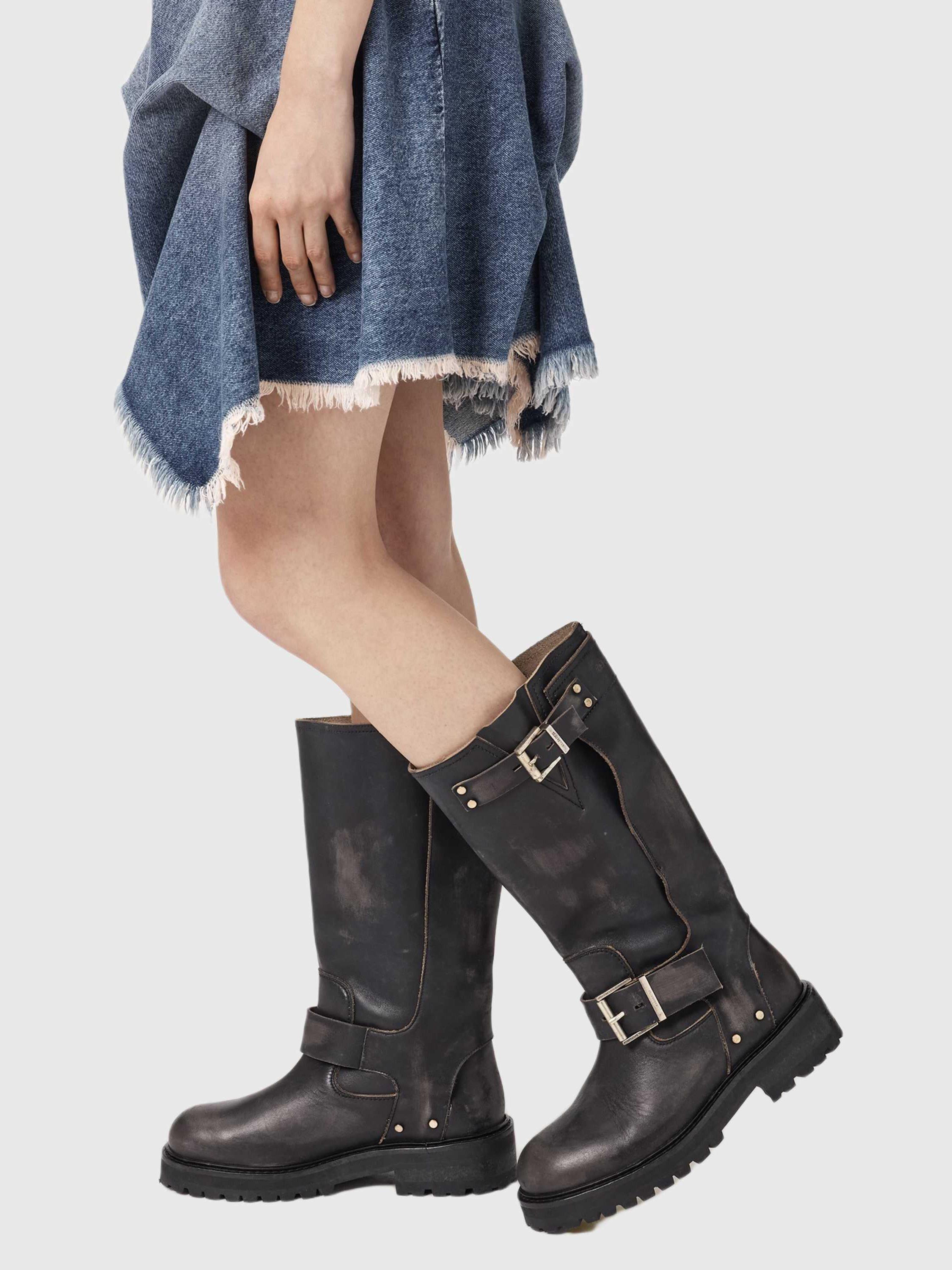 Product image 2 of 8, which shows AllSaints Tay Leather Biker Boots, Dark Brown, EU37