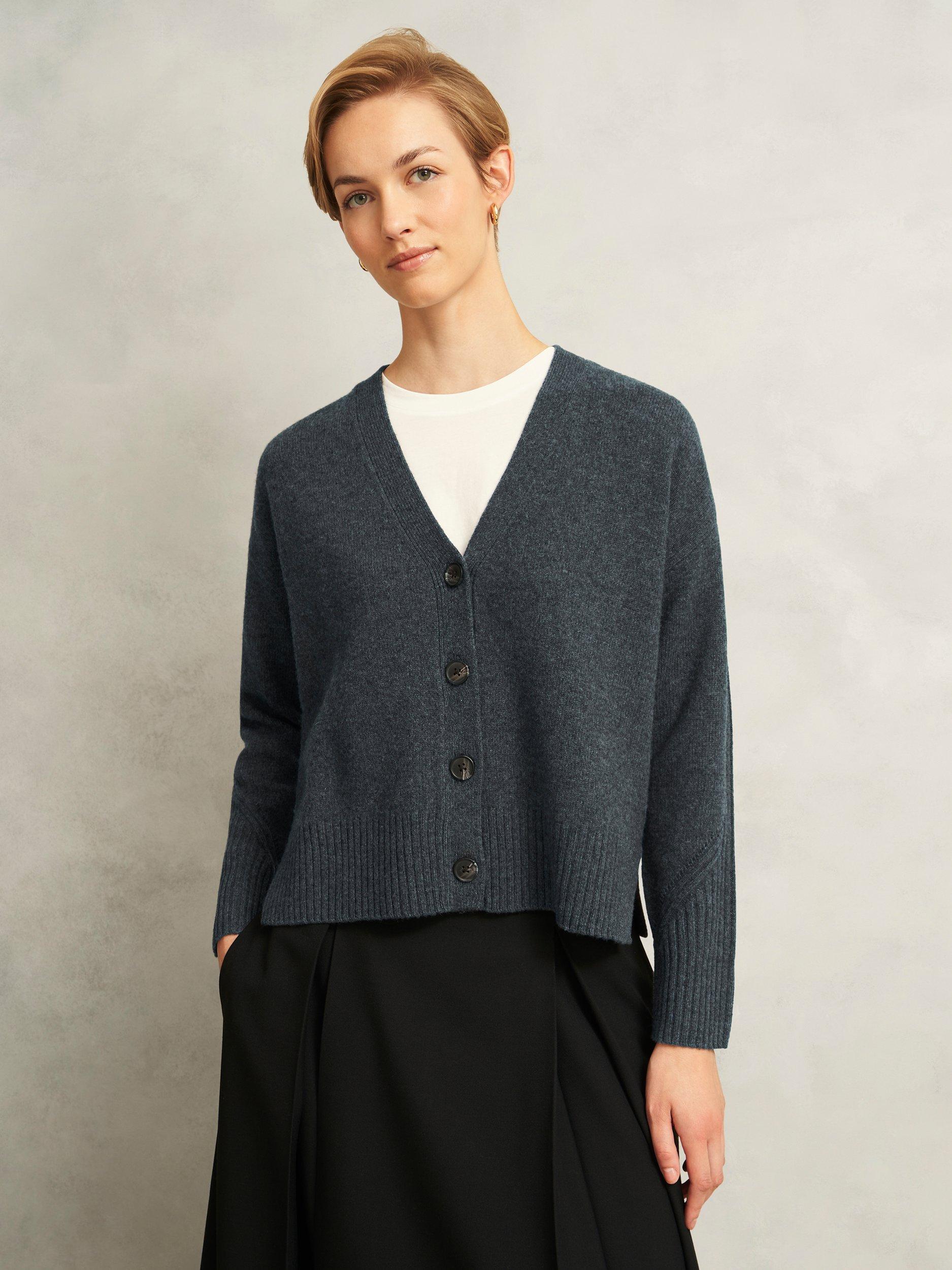 Product image 1 of 4, which shows Hobbs Elida Wool Blend Long Sleeve V Neck Cardigan, Mid Grey, S