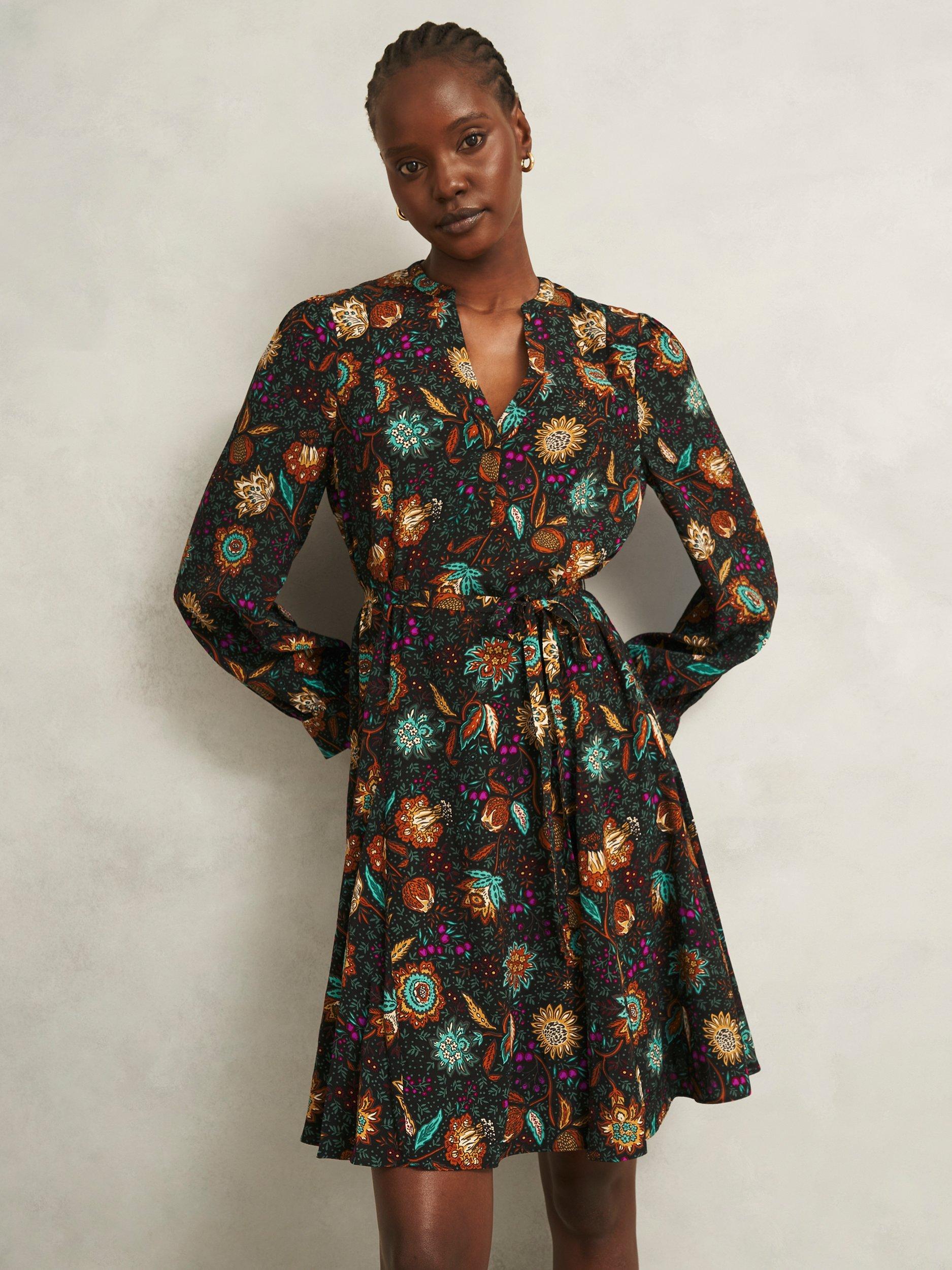 Product image 1 of 6, which shows Hobbs Hailey Long Sleeve Mini Dress, Black/Multi, 10