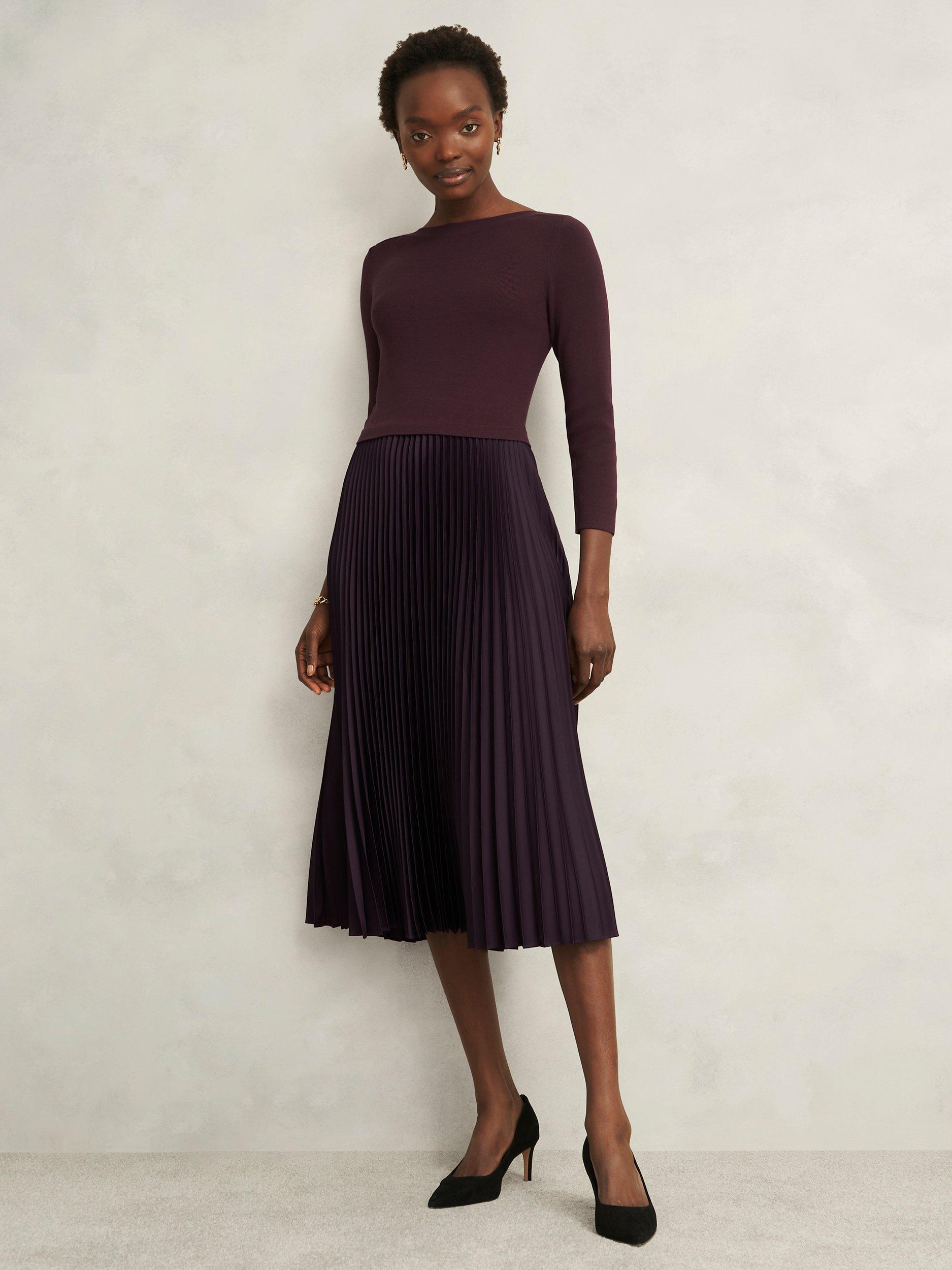 Product image 1 of 6, which shows Hobbs Lucinda Split Pleated Dress, Malbec Purple, 8