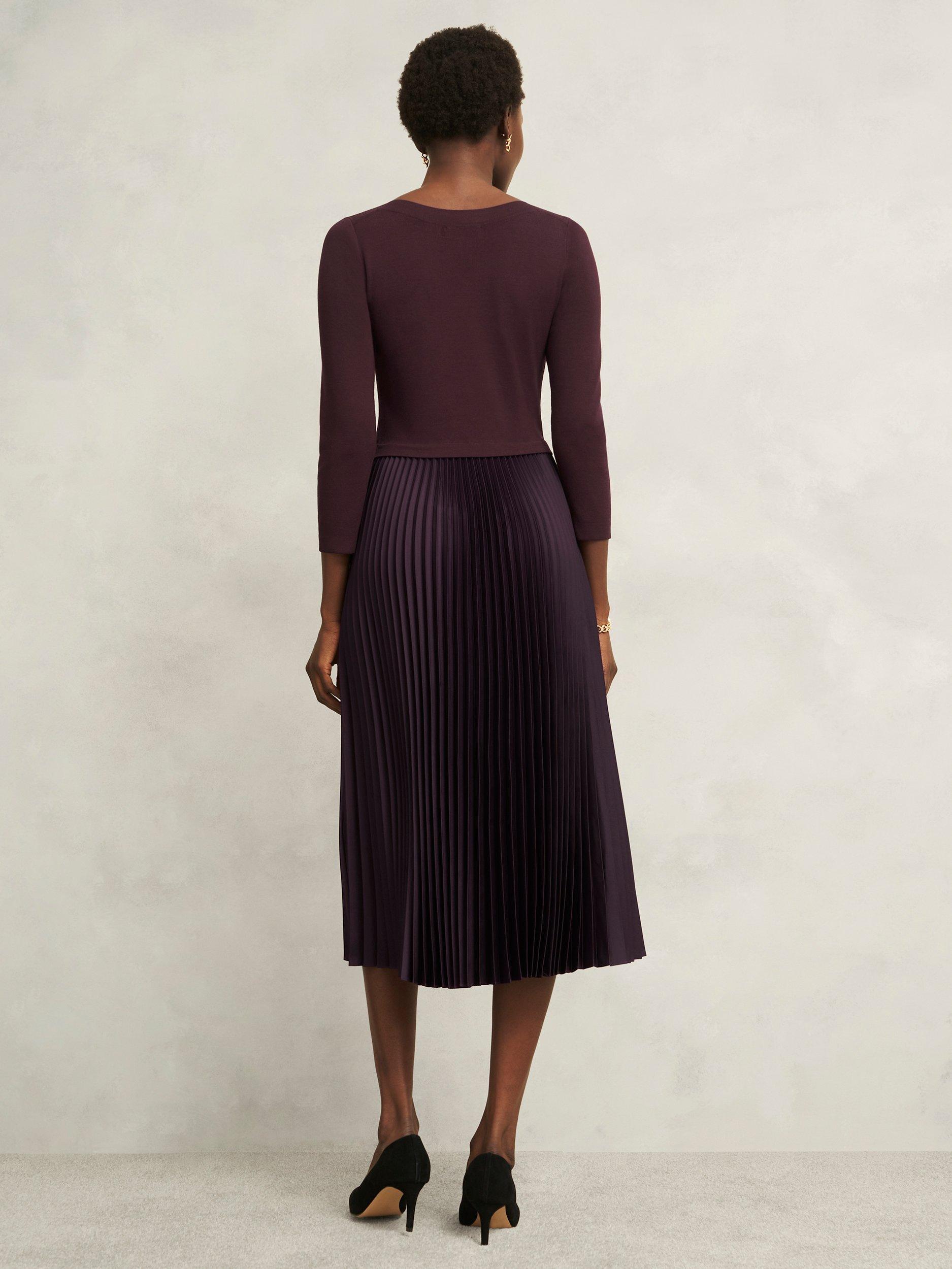 Product image 2 of 6, which shows Hobbs Lucinda Split Pleated Dress, Malbec Purple, 8