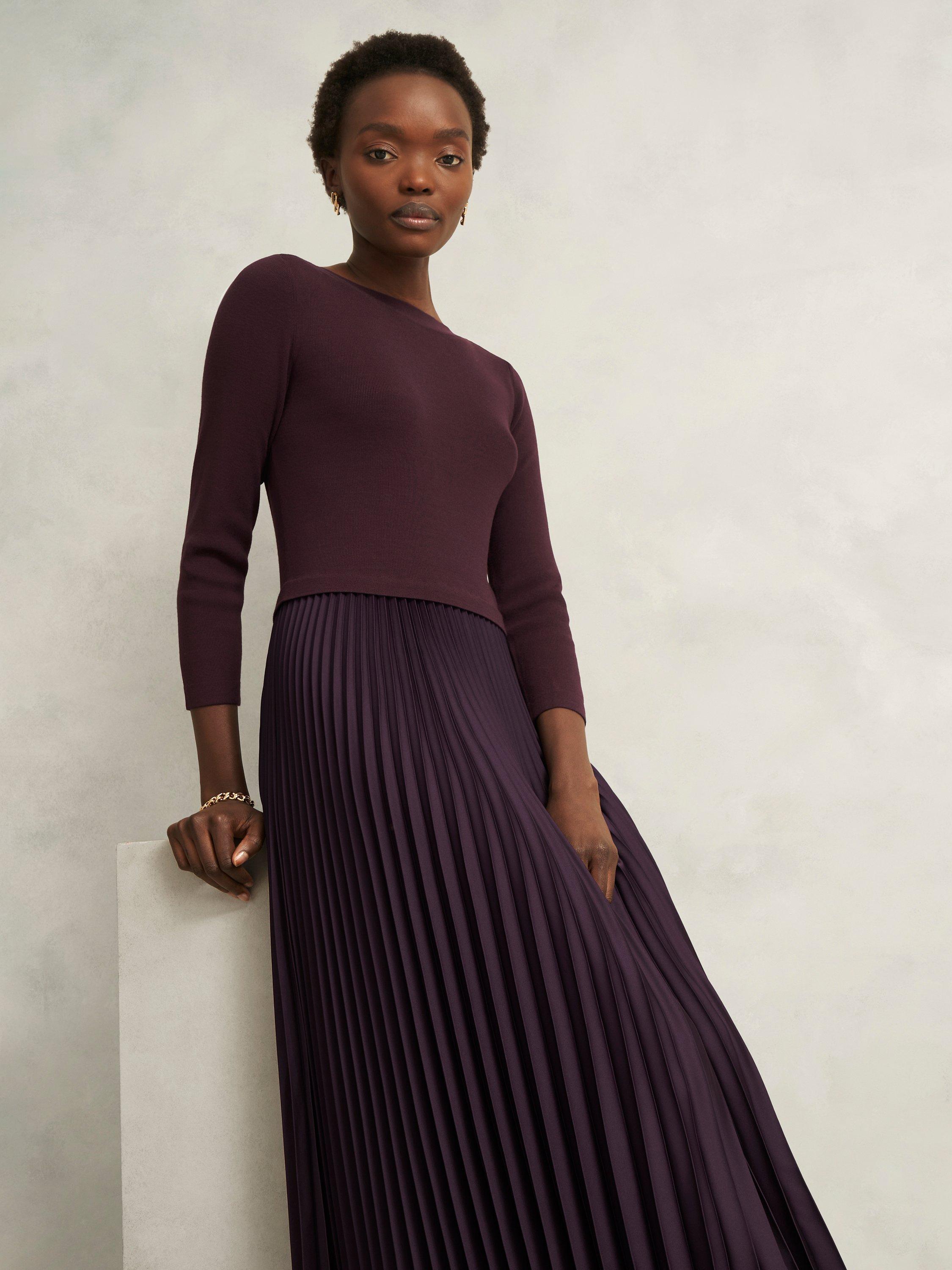 Product image 5 of 6, which shows Hobbs Lucinda Split Pleated Dress, Malbec Purple, 8