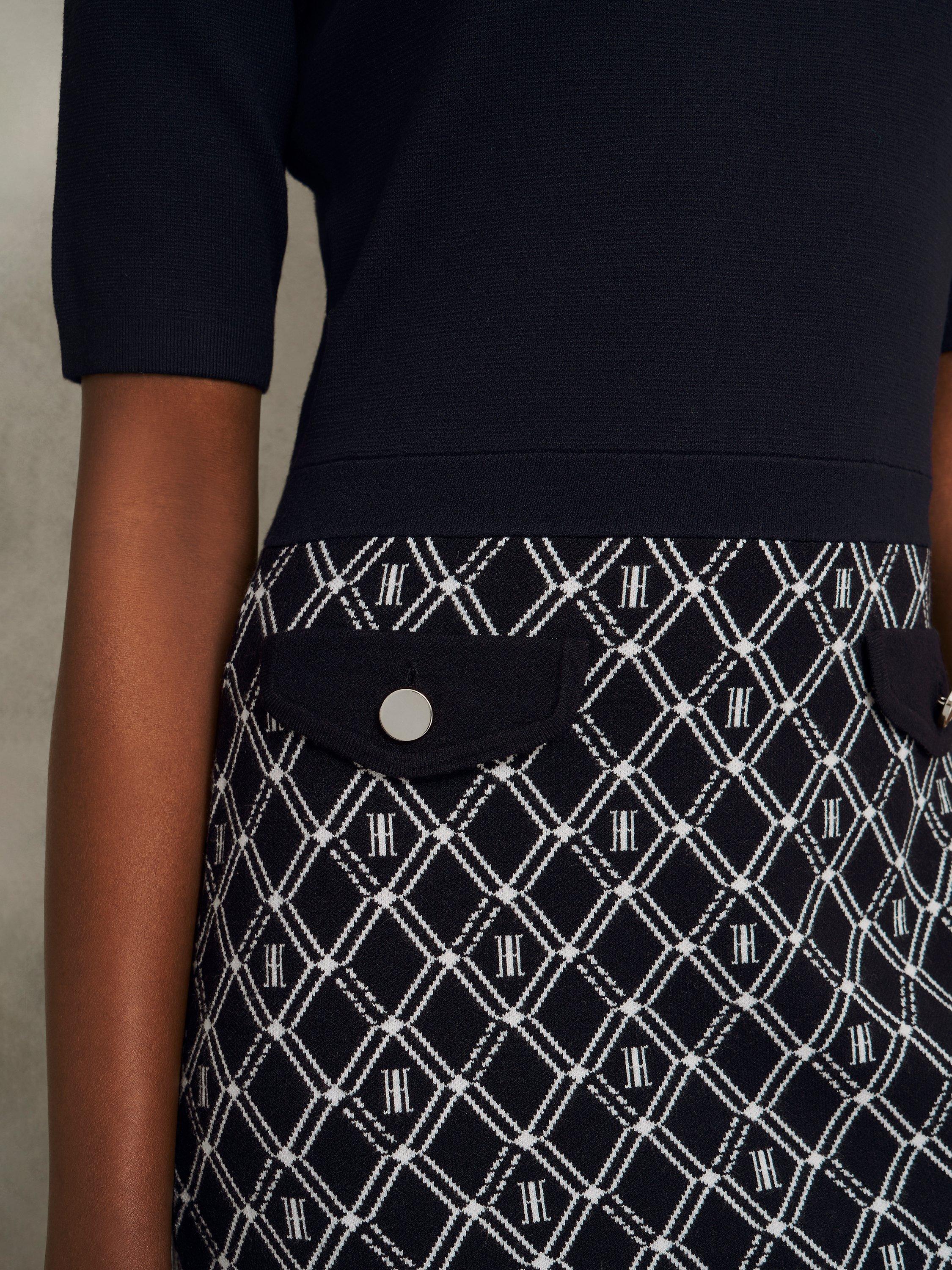 Product image 3 of 7, which shows Hobbs Perrie Split Geometric Dress, Navy/Ivory, 16