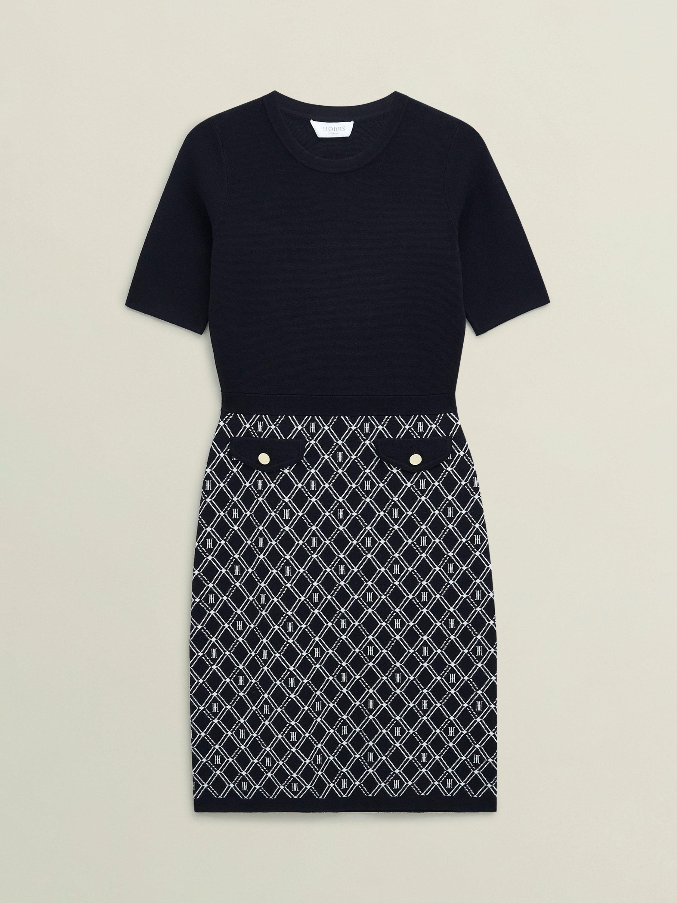 Product image 4 of 7, which shows Hobbs Perrie Split Geometric Dress, Navy/Ivory, 16