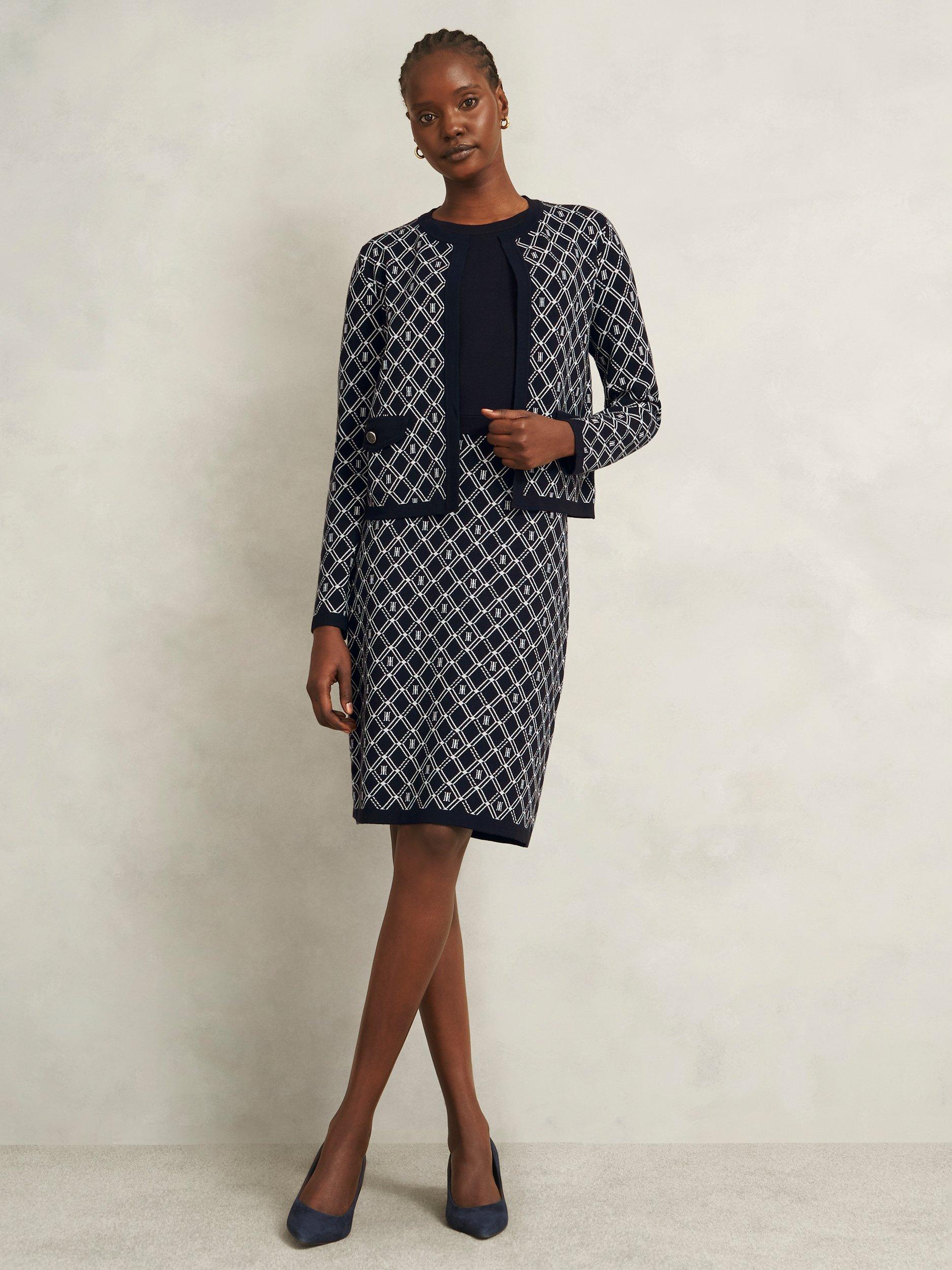 Product image 6 of 7, which shows Hobbs Perrie Split Geometric Dress, Navy/Ivory, 16