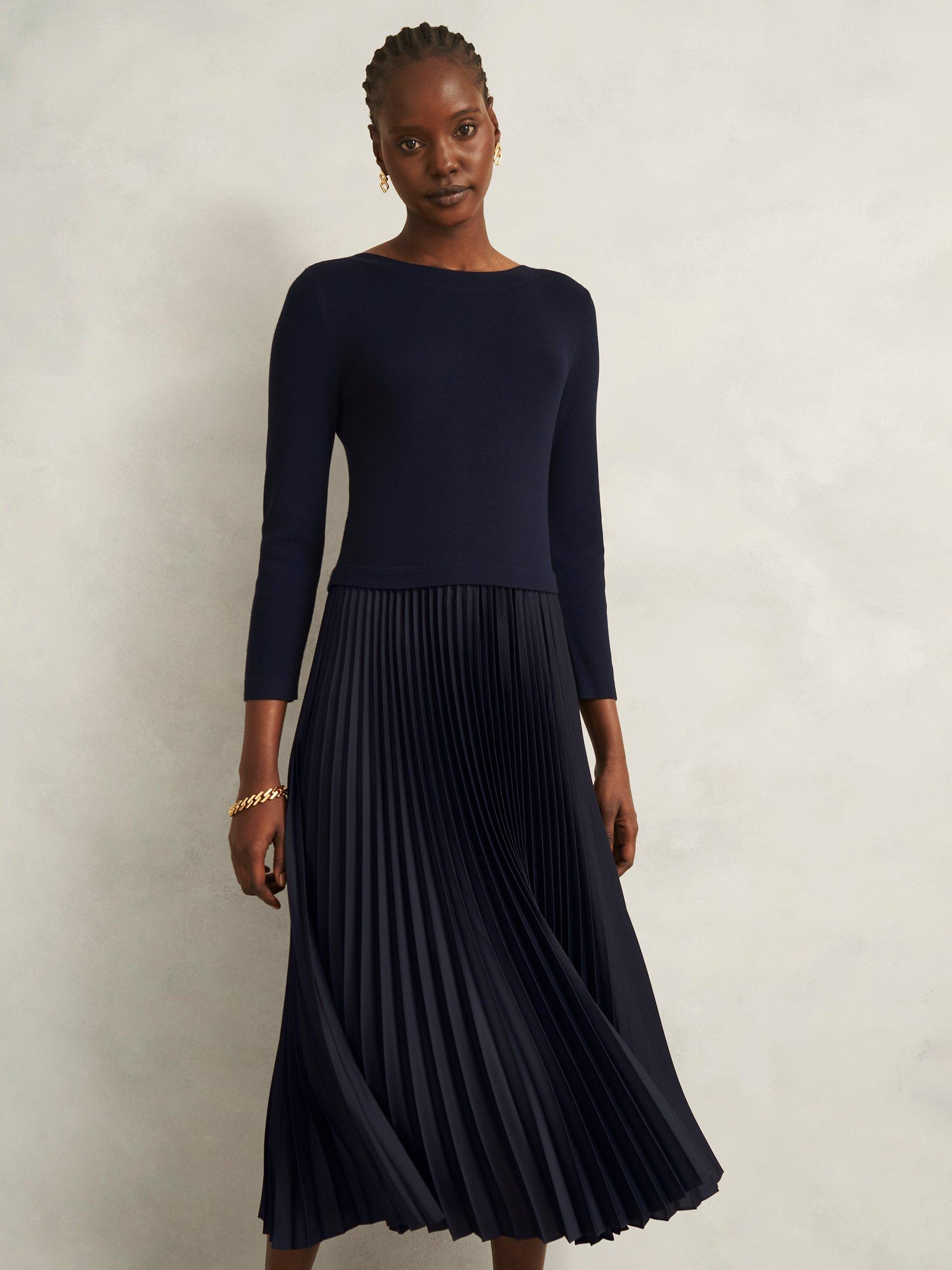 Product image 1 of 5, which shows Hobbs Petite Lucinda Split Pleated Dress, Navy, 16