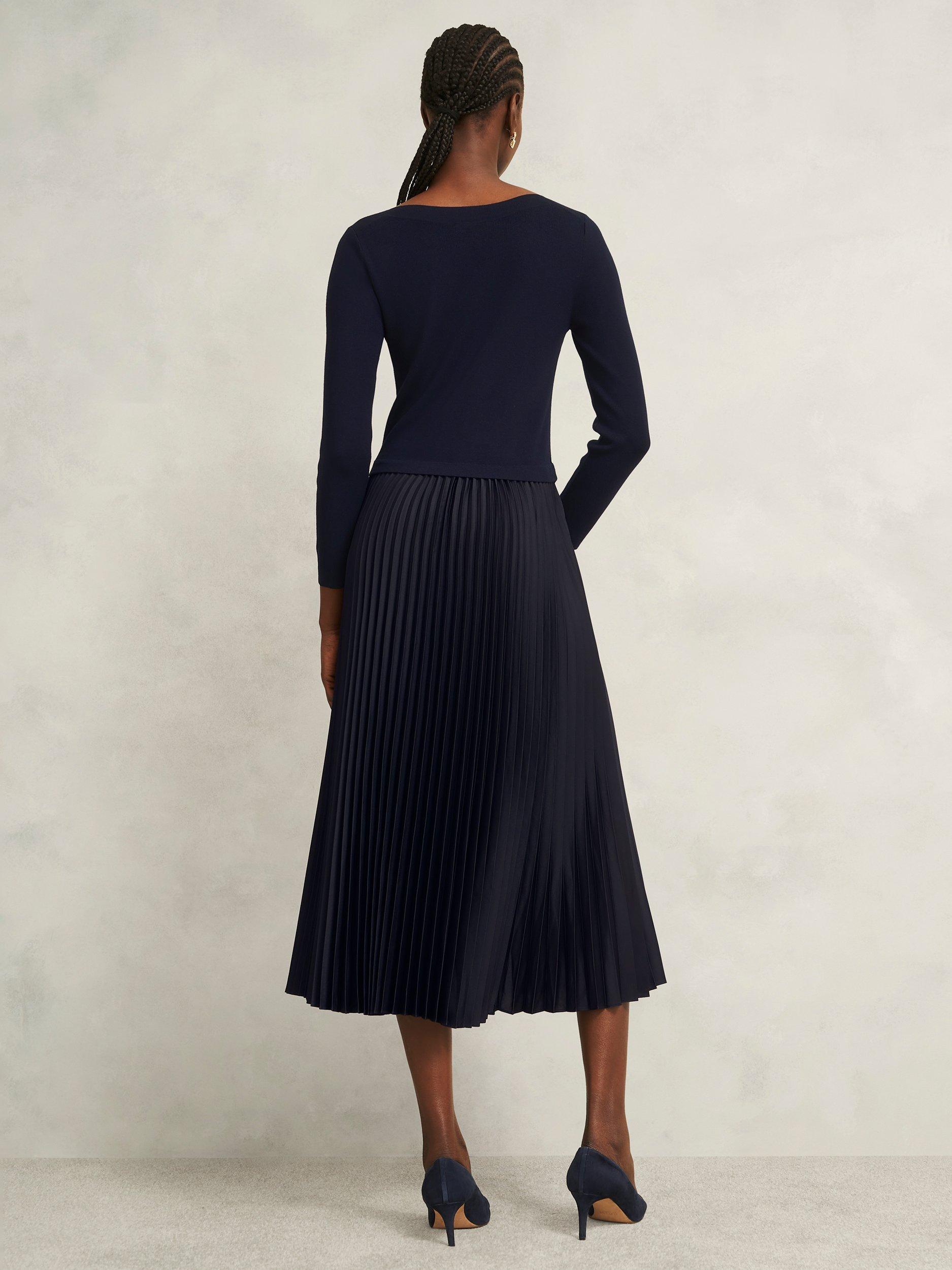 Product image 2 of 5, which shows Hobbs Petite Lucinda Split Pleated Dress, Navy, 16