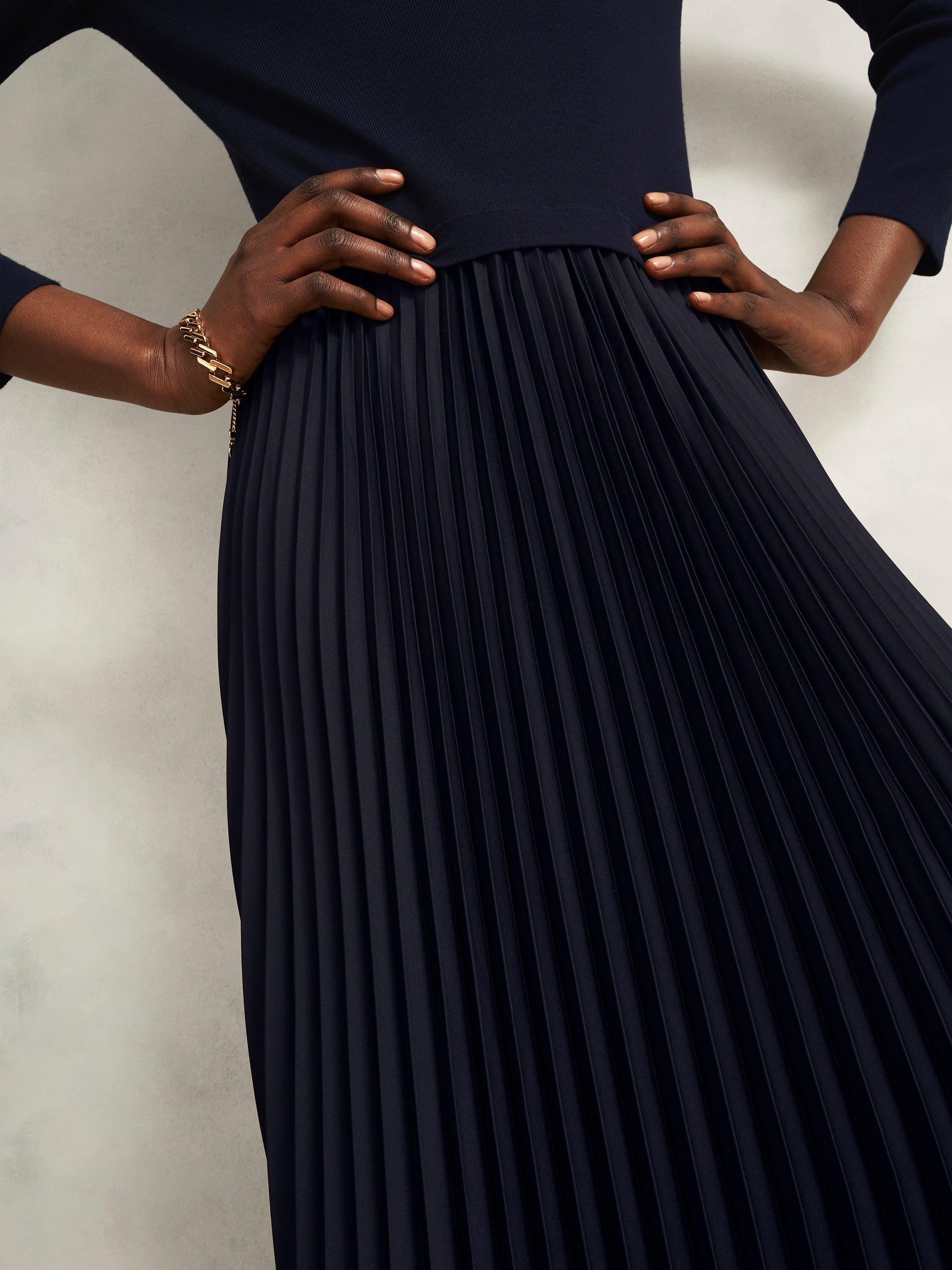 Product image 3 of 5, which shows Hobbs Petite Lucinda Split Pleated Dress, Navy, 16