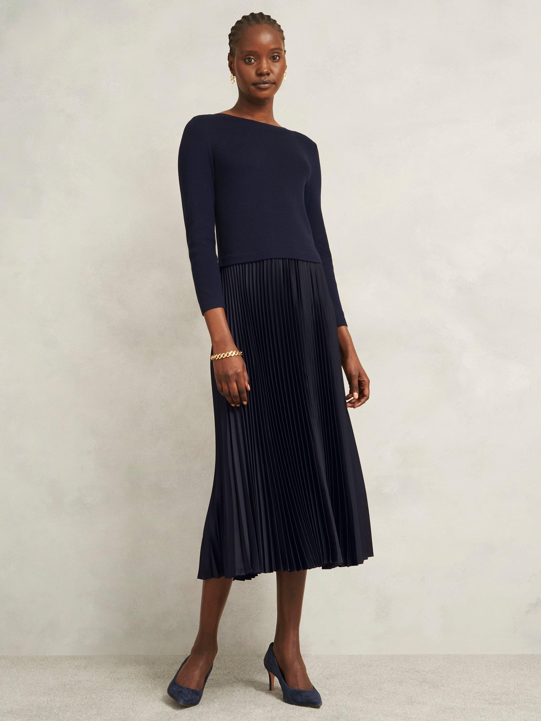 Product image 5 of 5, which shows Hobbs Petite Lucinda Split Pleated Dress, Navy, 16