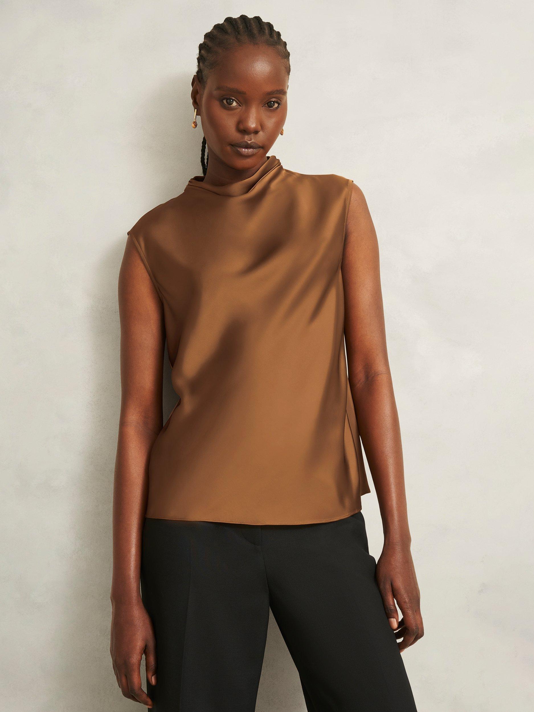 Product image 1 of 6, which shows Hobbs Gigi Drape Neck Sleeveless Top, Brown, 20
