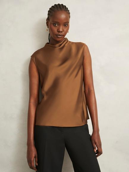 Hobbs Gigi Drape Neck Sleeveless Top, Brown, Brown