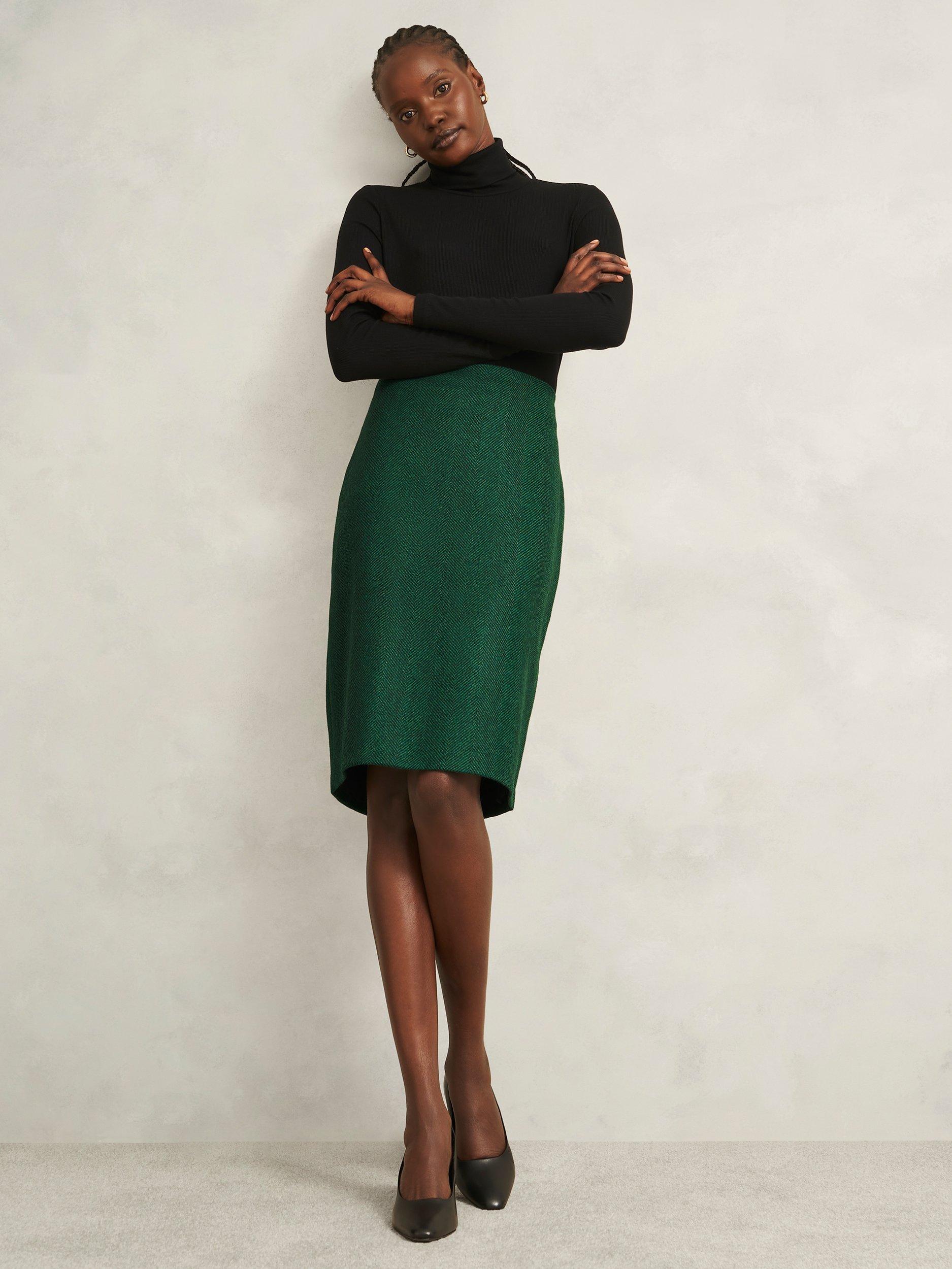 Product image 1 of 6, which shows Hobbs Daphne Herringbone Pure Wool Skirt, Green, 16