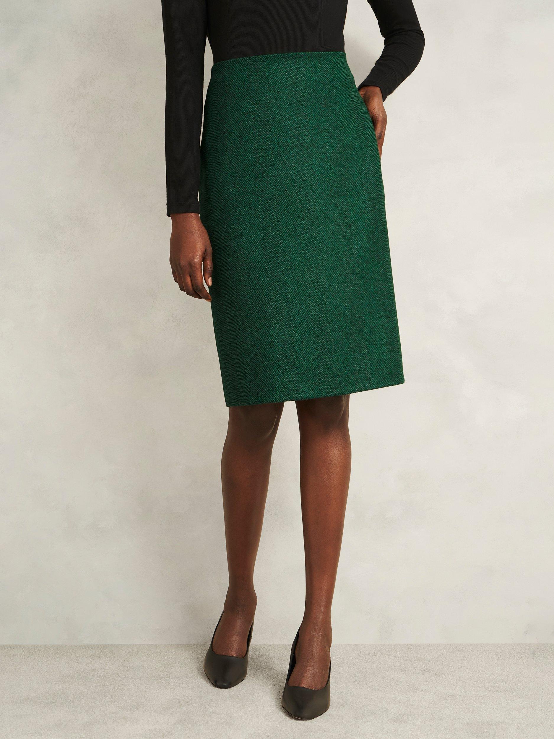 Product image 5 of 6, which shows Hobbs Daphne Herringbone Pure Wool Skirt, Green, 16