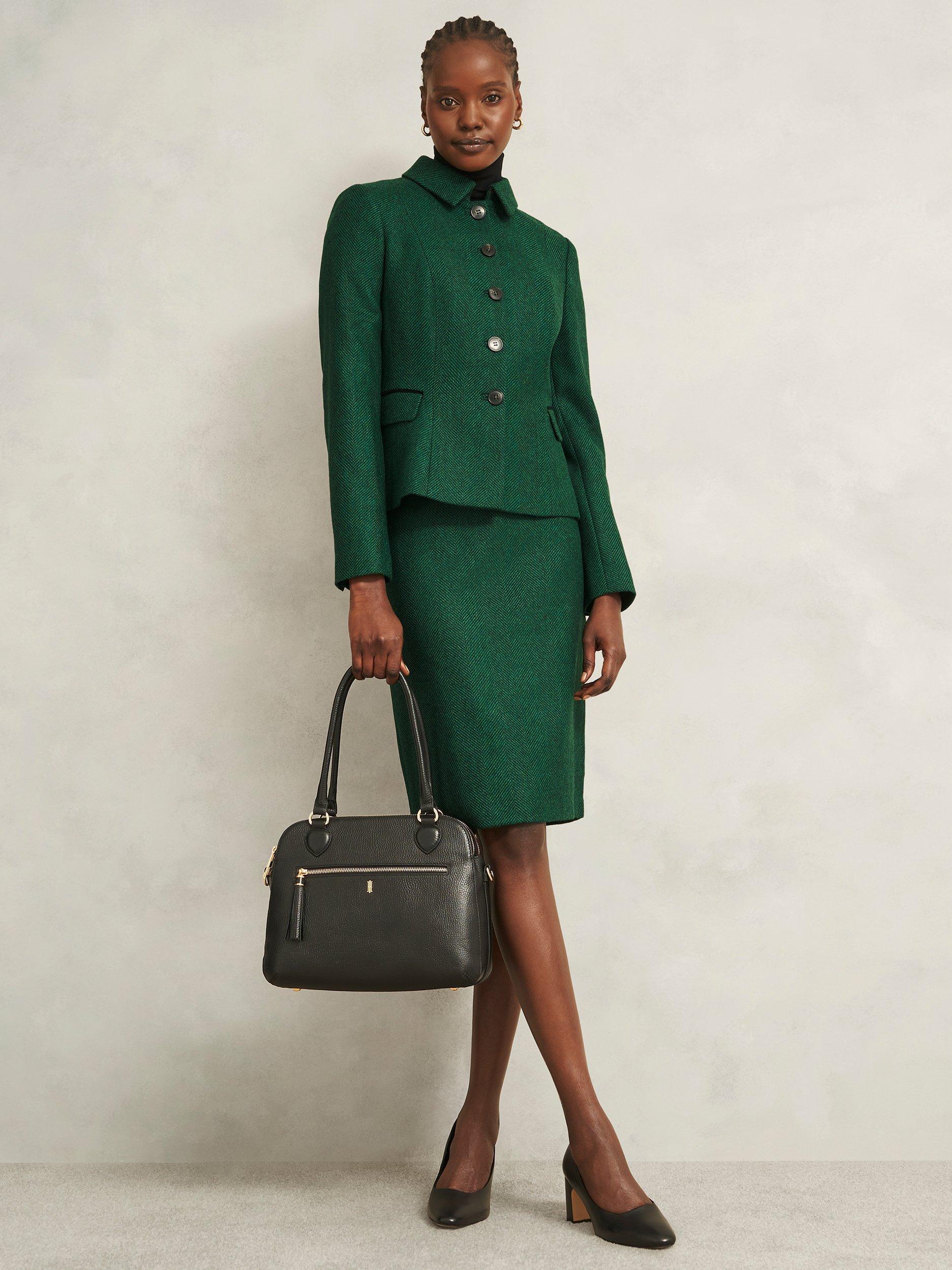 Product image 6 of 6, which shows Hobbs Daphne Herringbone Pure Wool Skirt, Green, 16