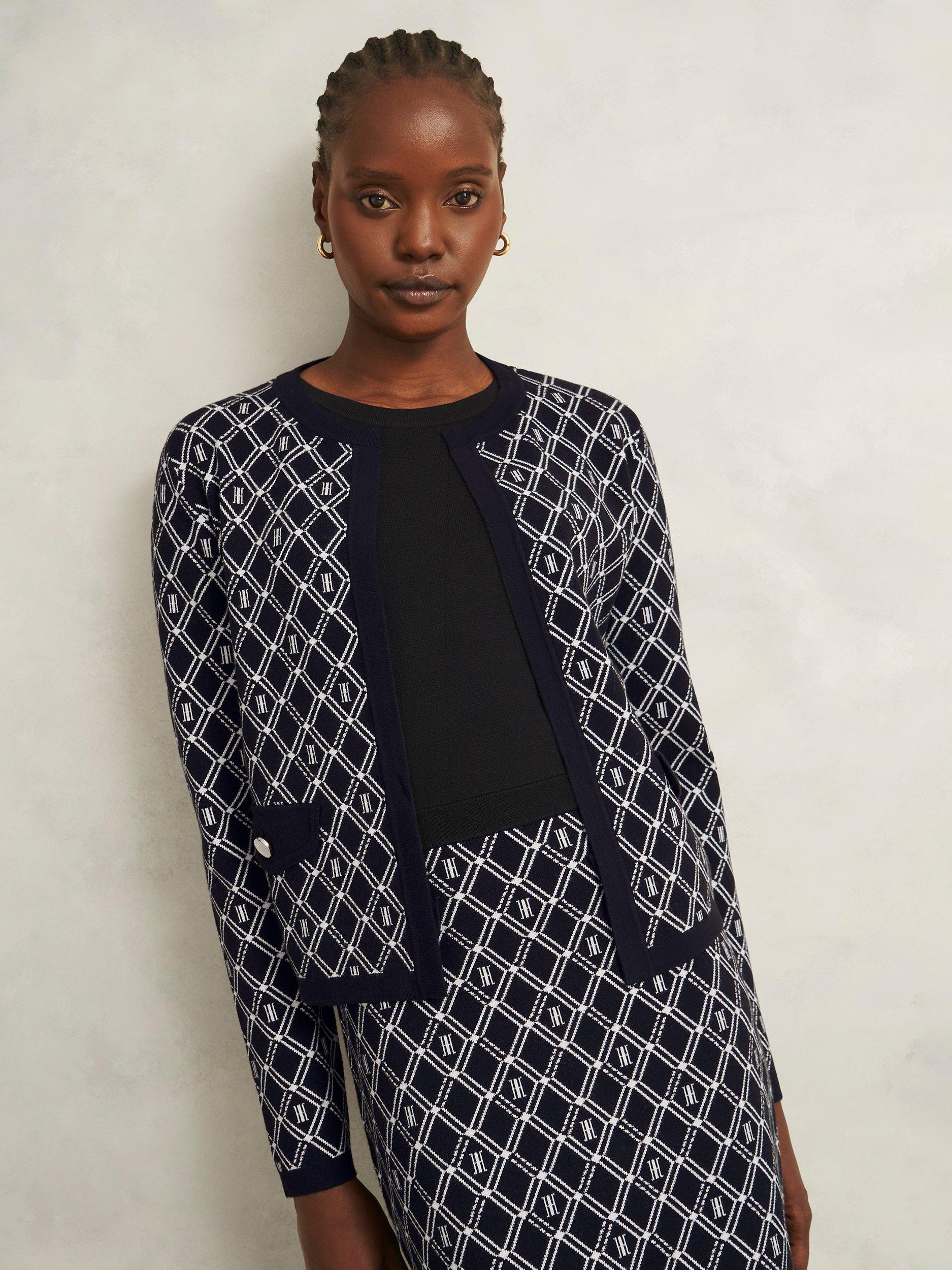 Product image 1 of 5, which shows Hobbs Perrie Geometric Knitted Jacket, Navy/Ivory, XS