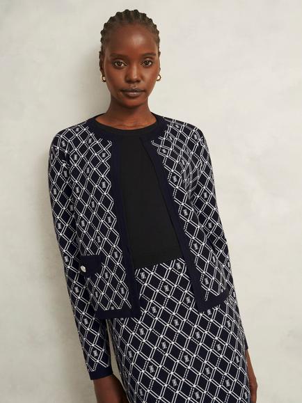 Hobbs Perrie Geometric Knitted Jacket, Navy/Ivory, Navy/Ivory