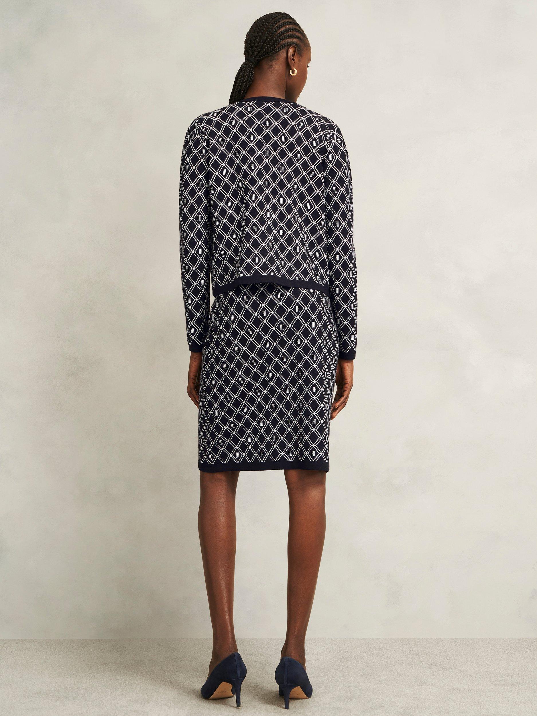 Product image 2 of 5, which shows Hobbs Perrie Geometric Knitted Jacket, Navy/Ivory, XS