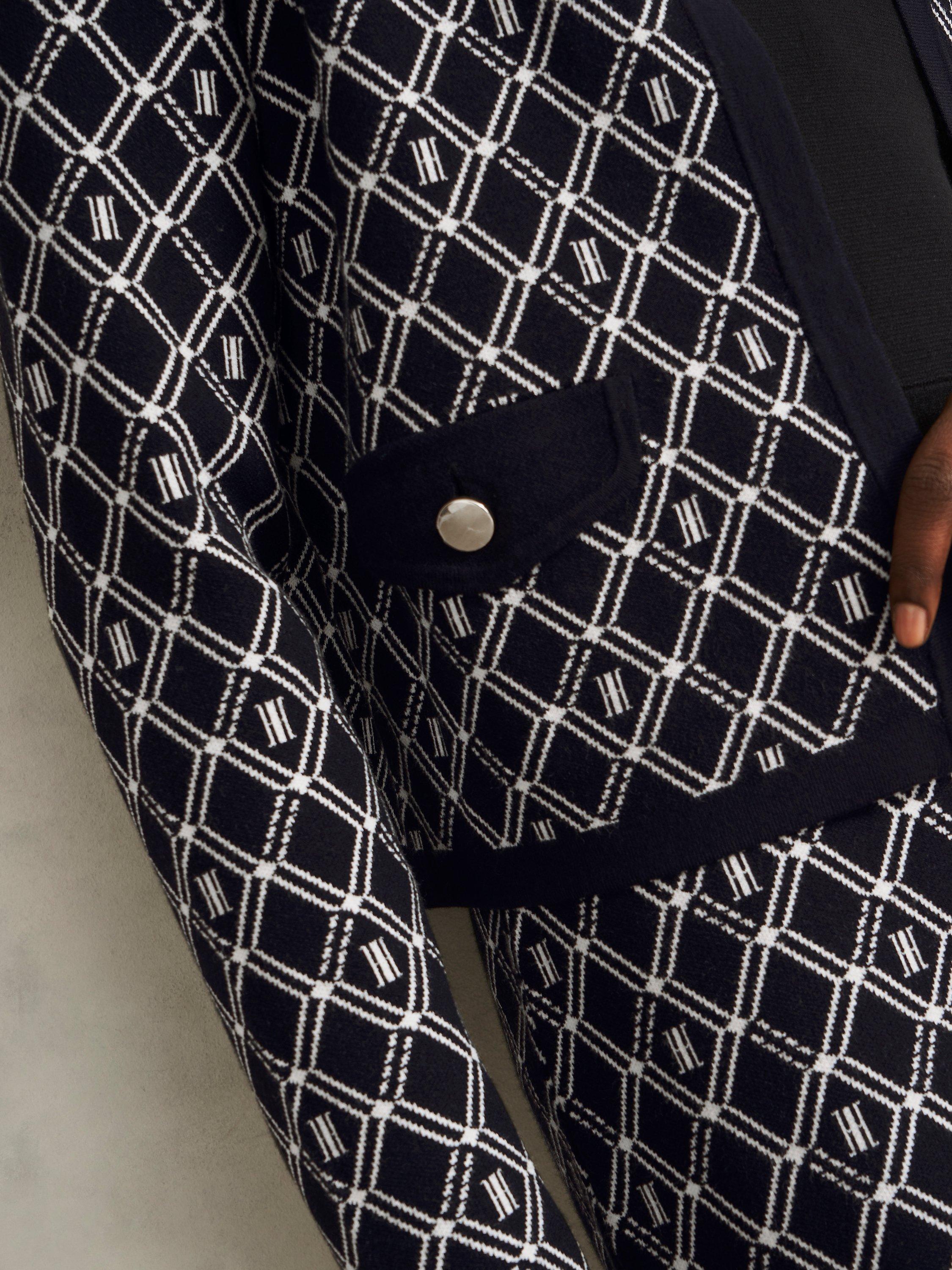 Product image 3 of 5, which shows Hobbs Perrie Geometric Knitted Jacket, Navy/Ivory, XS