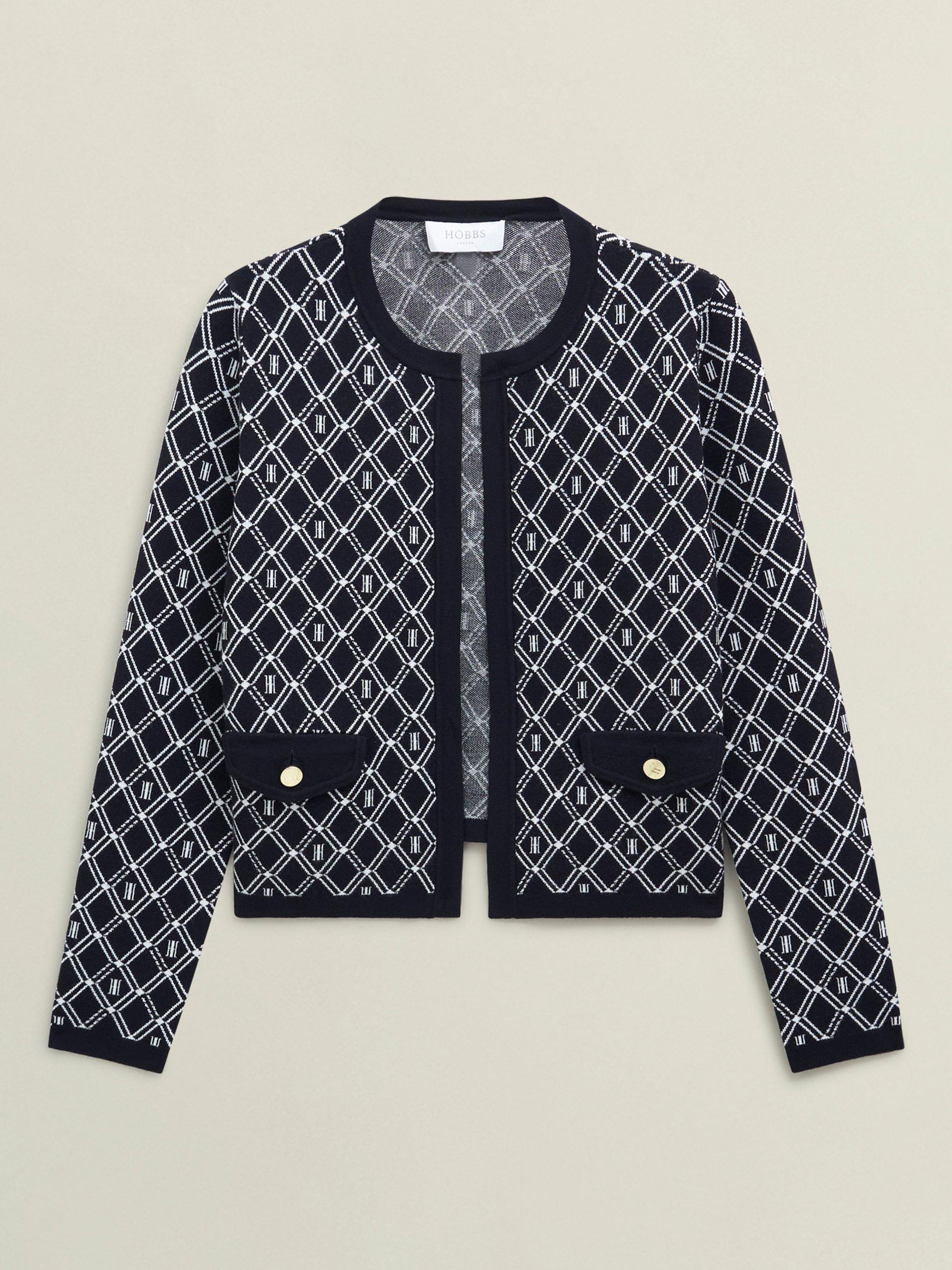 Product image 4 of 5, which shows Hobbs Perrie Geometric Knitted Jacket, Navy/Ivory, XS