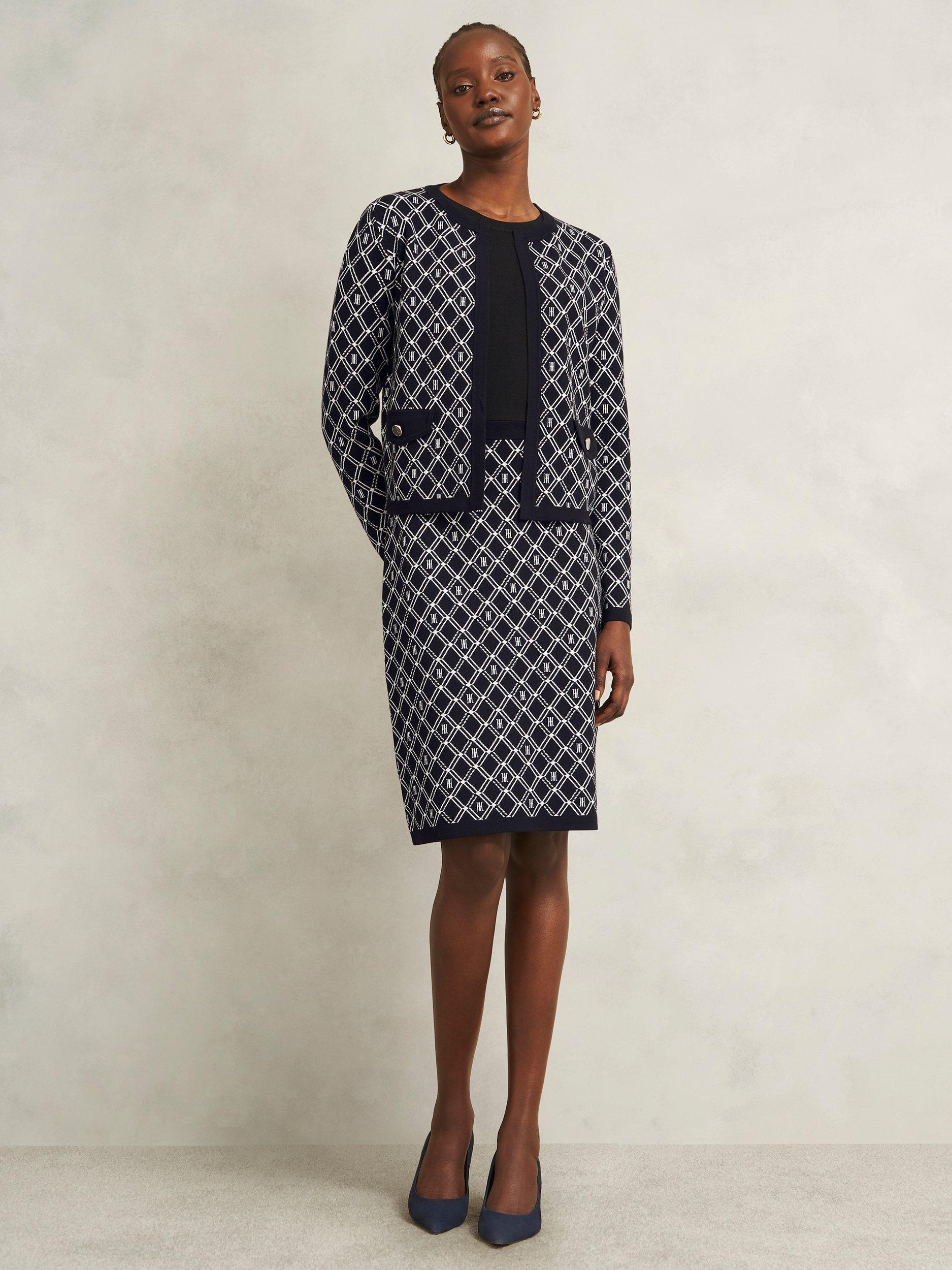 Product image 5 of 5, which shows Hobbs Perrie Geometric Knitted Jacket, Navy/Ivory, XS