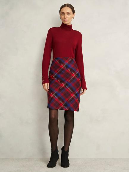 Hobbs Daphne Tartan Pure Wool Skirt, Red/Multi, Red/Multi