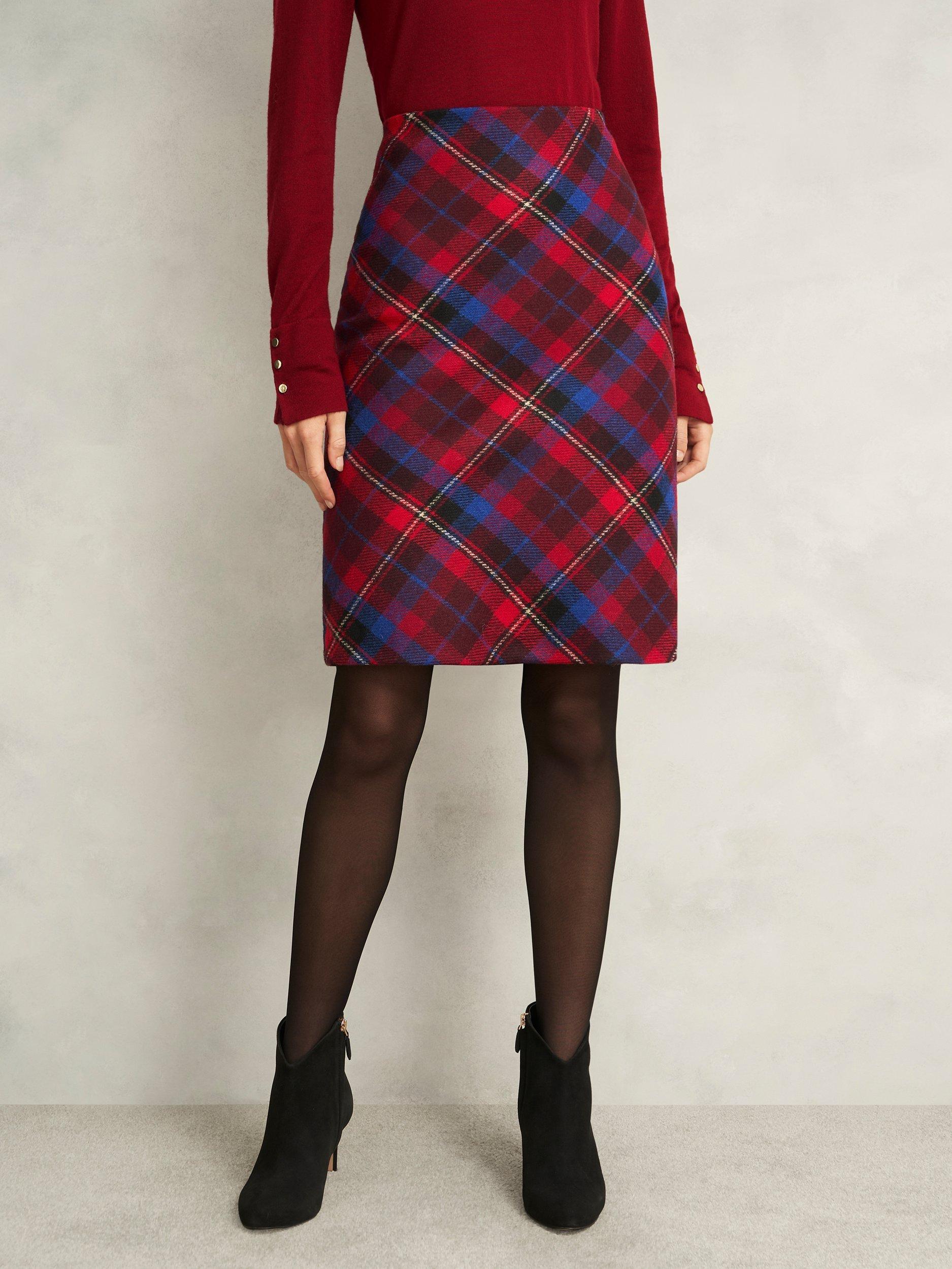 Product image 5 of 6, which shows Hobbs Daphne Tartan Pure Wool Skirt, Red/Multi, 6