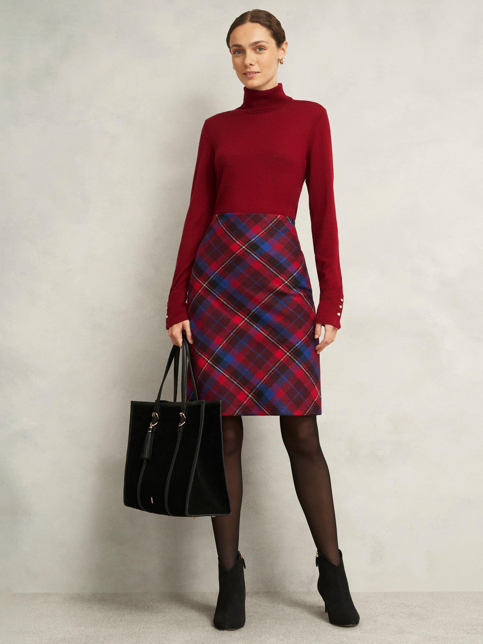 Product image 6 of 6, which shows Hobbs Daphne Tartan Pure Wool Skirt, Red/Multi, 6