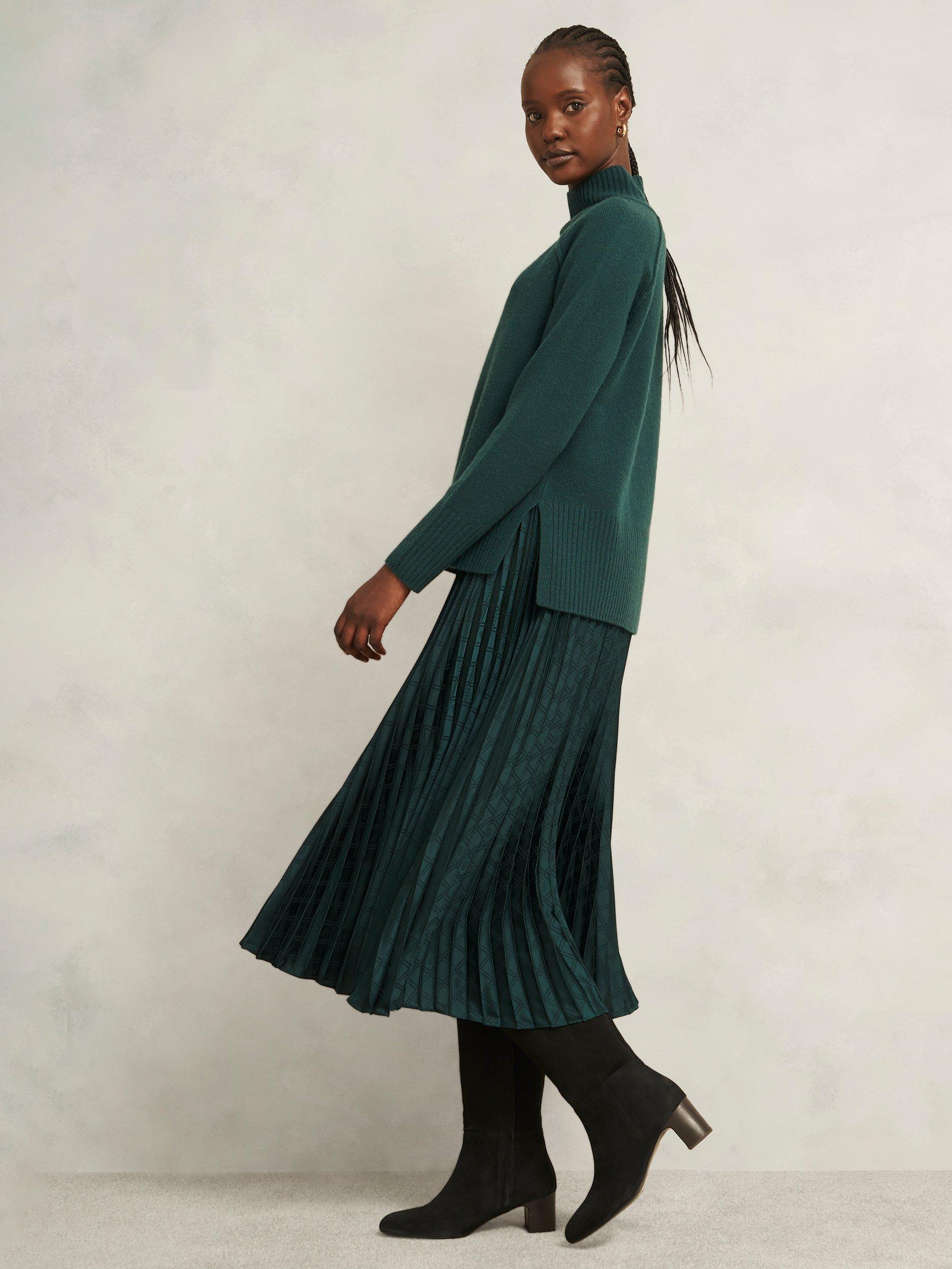 Product image 1 of 6, which shows Hobbs Luana Pleated Midi Skirt, Green, 8