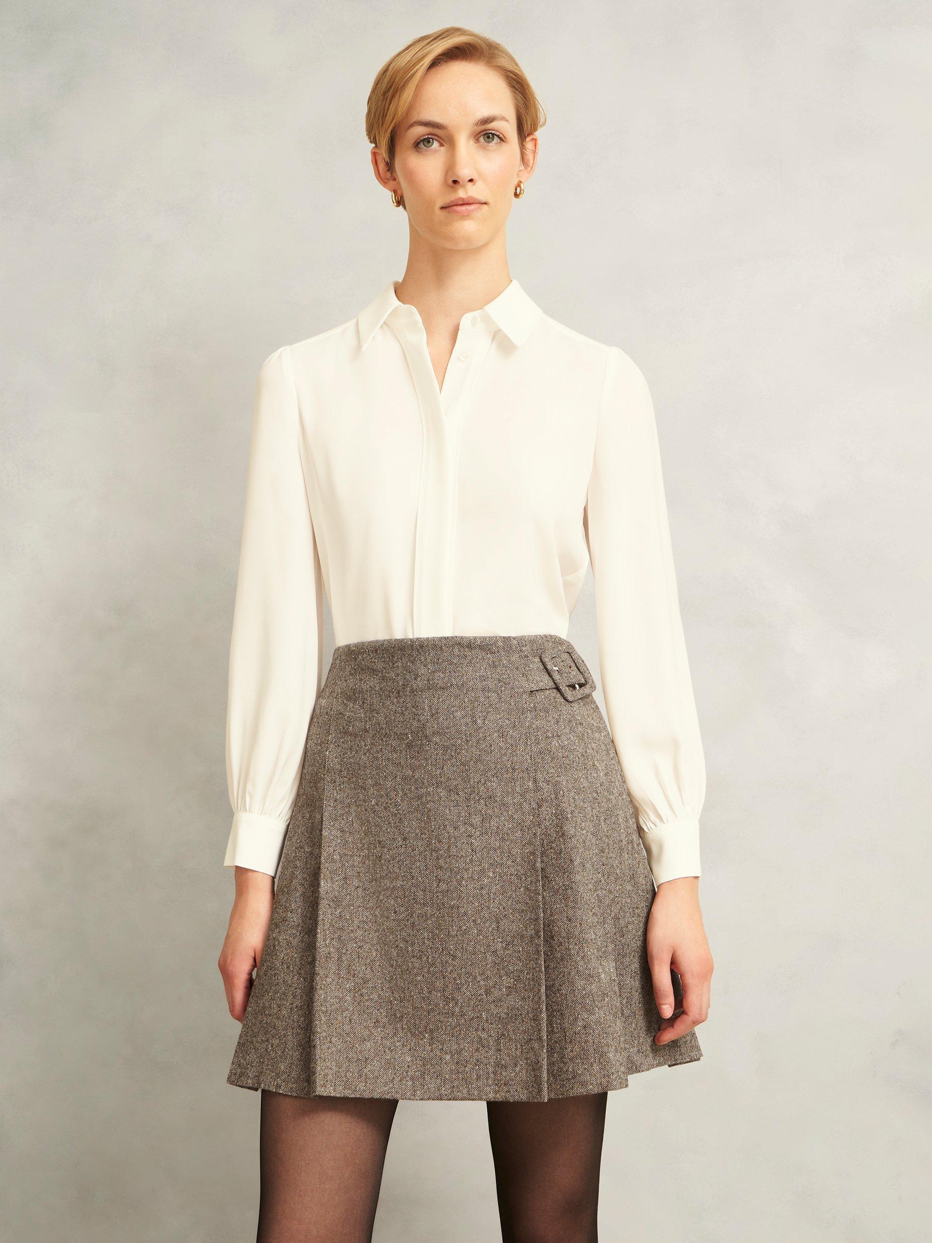 Product image 1 of 6, which shows Hobbs Elvie Pleated Mini Skirt, Brown/Multi, 12