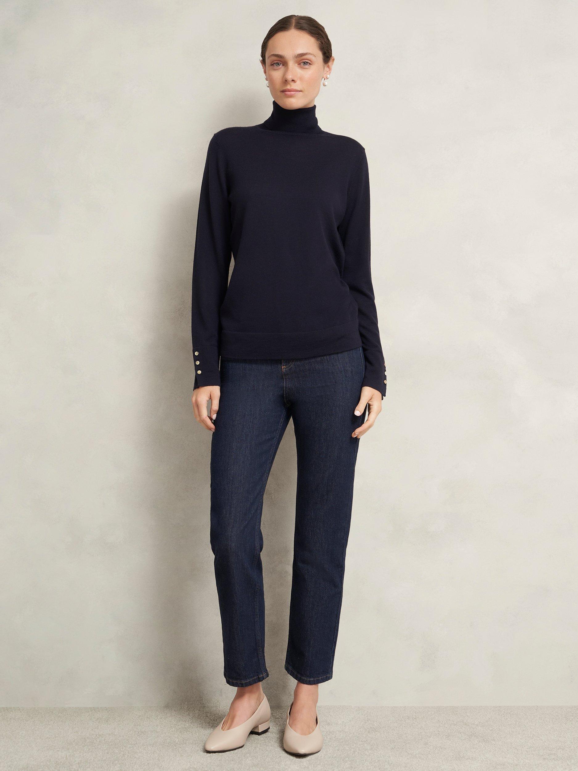 Product image 1 of 6, which shows Hobbs Lara Roll Neck Pure Merino Wool Jumper, Navy, S