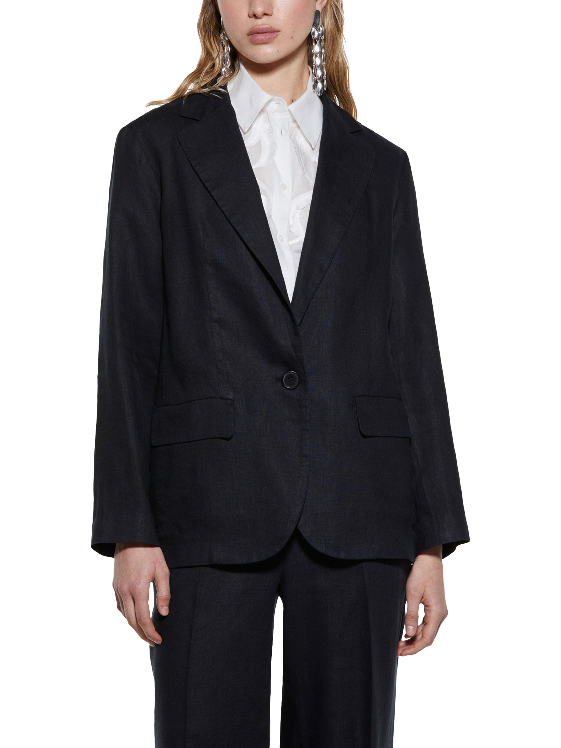 Product image 1 of 3, which shows SISLEY Single Button Pure Linen Blazer, Black, 8